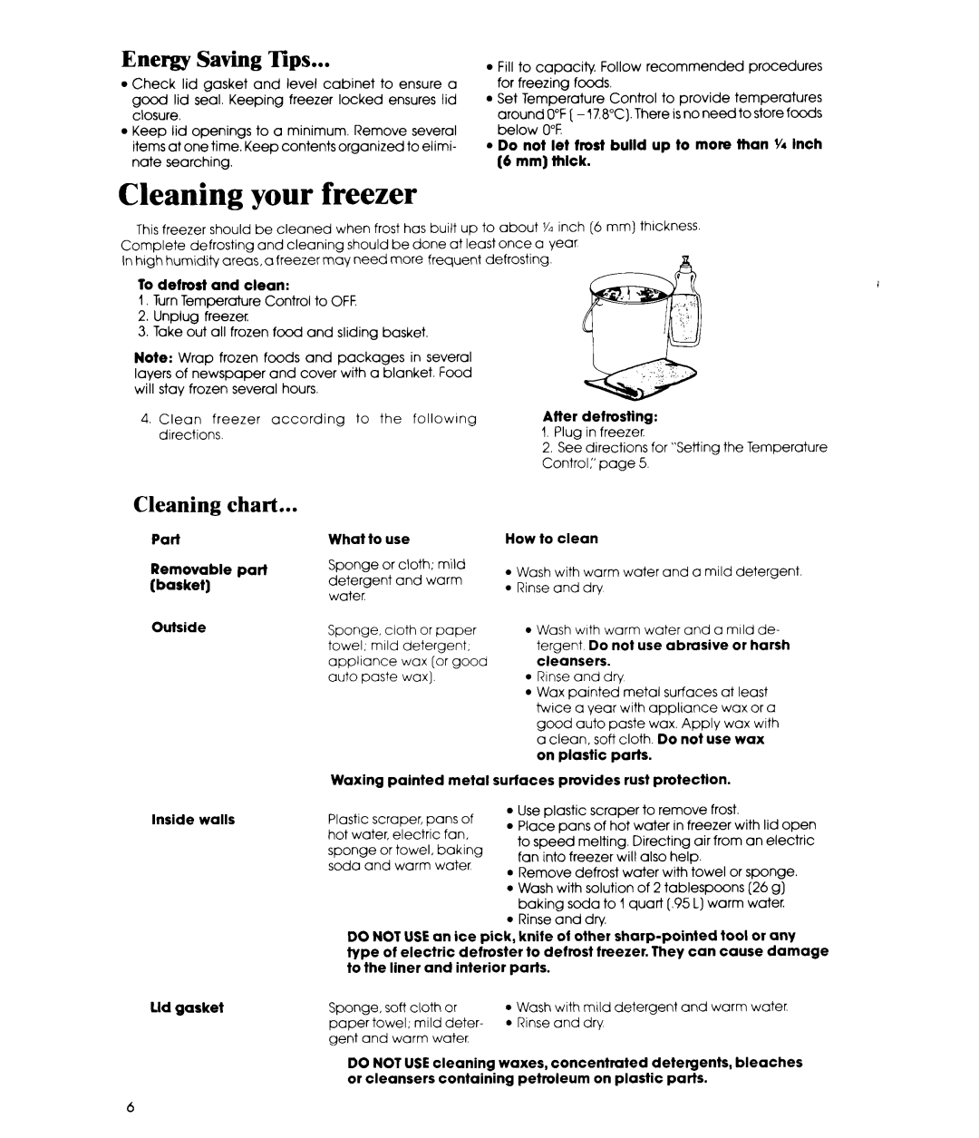 Whirlpool EHOSOF, EHOGOF manual Cleaning your freezer, Energy Saving TIPS, Cleaning chart 