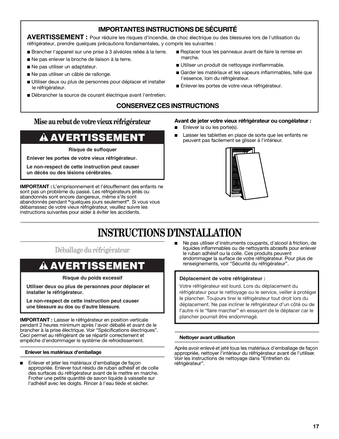 Whirlpool EL02CCXPB00 warranty Instructions D’INSTALLATION, Déballagedu réfrigérateur, Enlever les matériaux demballage 