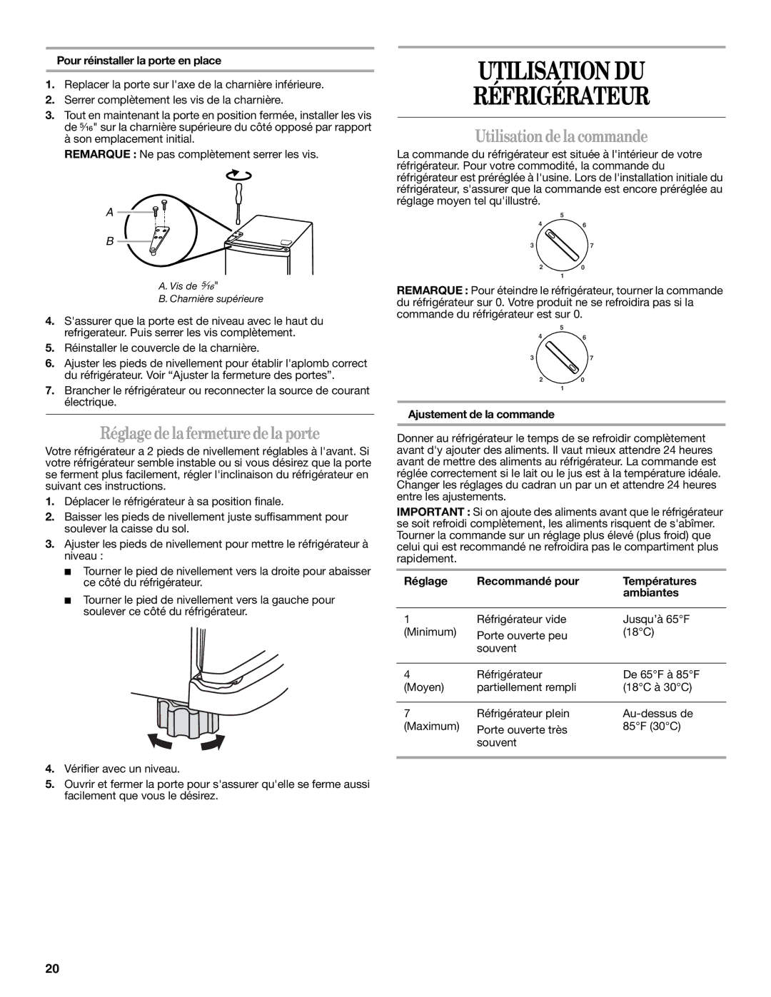 Whirlpool EL02CCXPB00 warranty Utilisation DU Réfrigérateur, Réglagedelafermeturedela porte, Utilisationdelacommande 