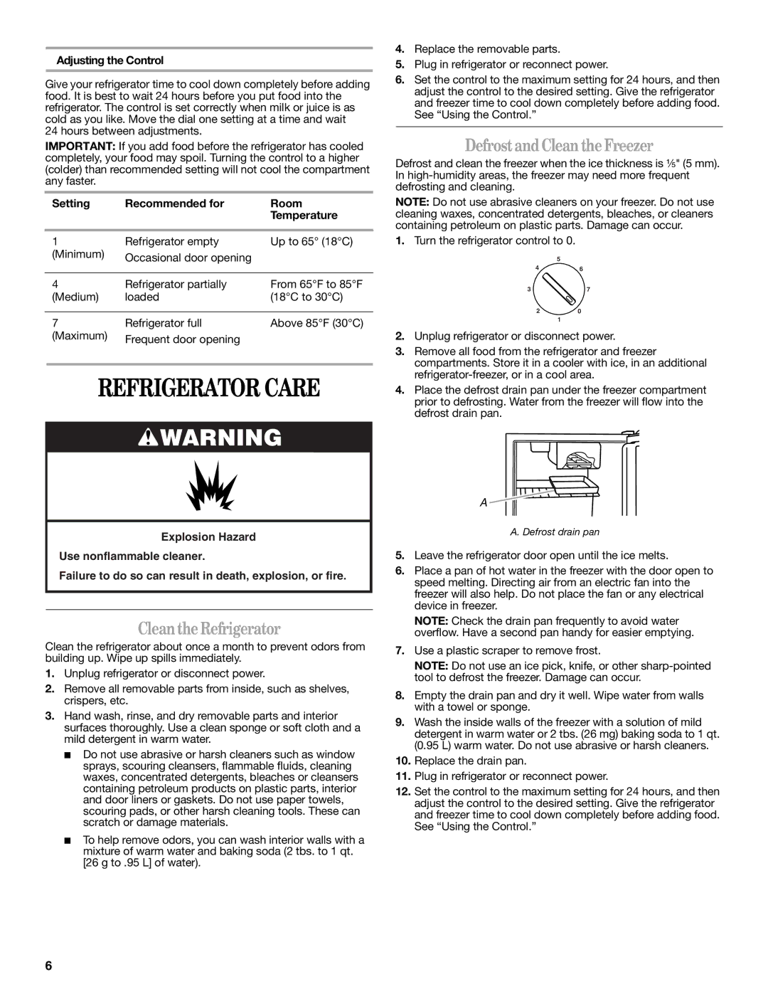 Whirlpool EL02CCXPB00 warranty Refrigerator Care, CleantheRefrigerator, DefrostandClean theFreezer, Adjusting the Control 