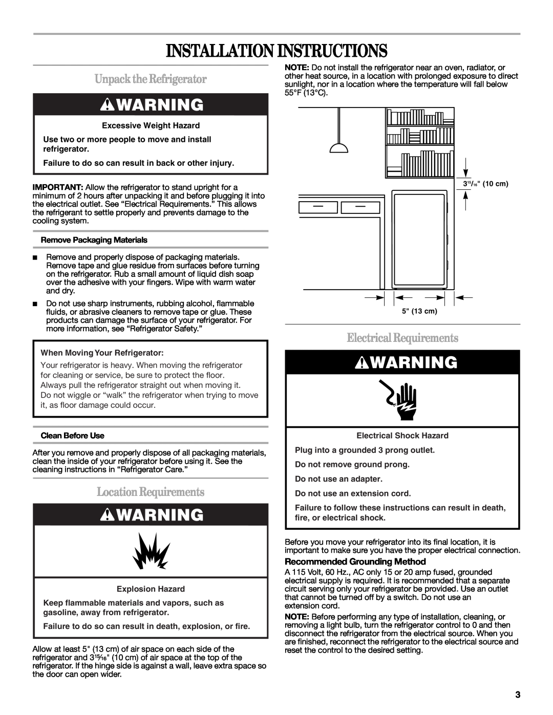 Whirlpool EL02CCXPB00 Installation Instructions, UnpacktheRefrigerator, LocationRequirements, Electrical Requirements 