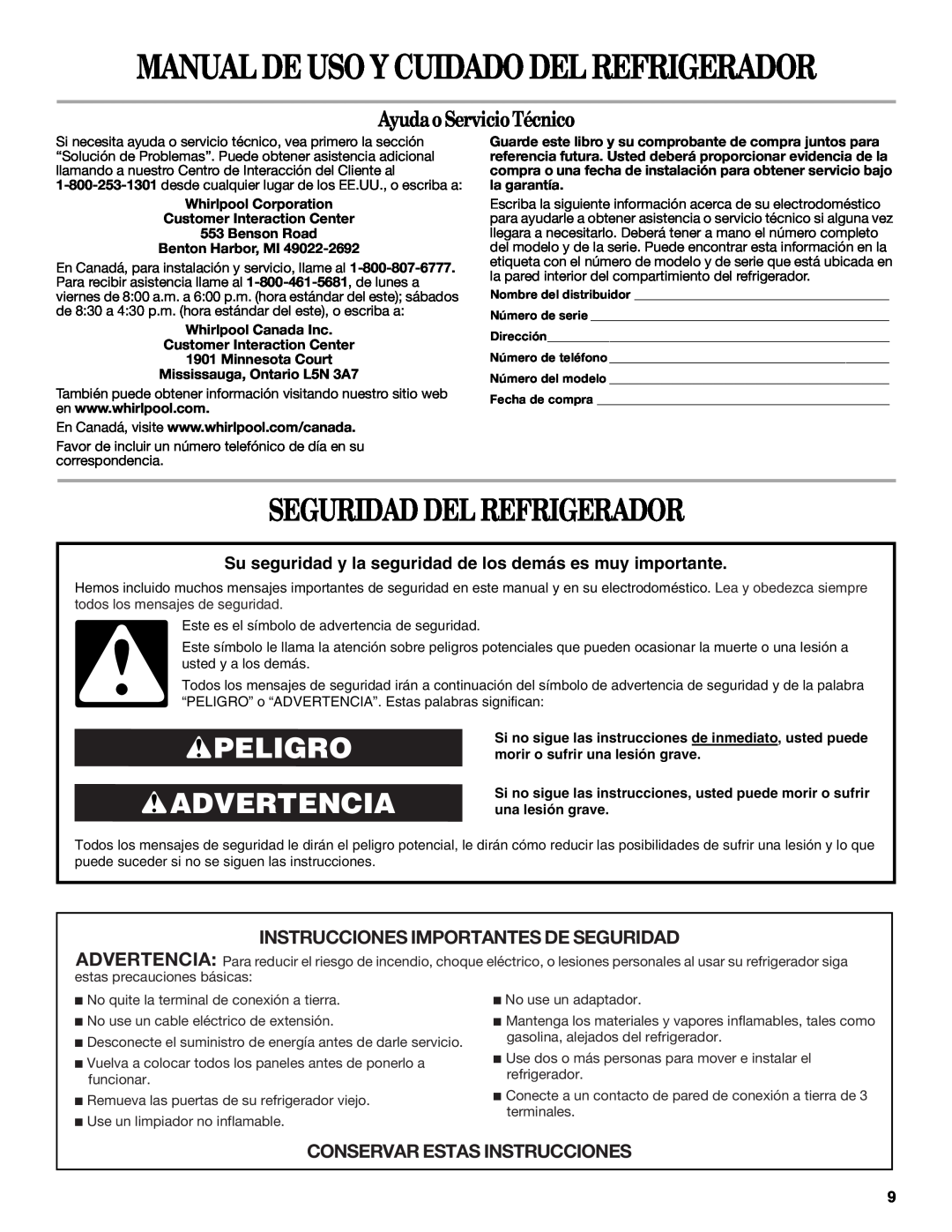 Whirlpool EL02CCXPB00 warranty Seguridad Del Refrigerador, Peligro Advertencia, AyudaoServicioTécnico, Benton Harbor, MI 