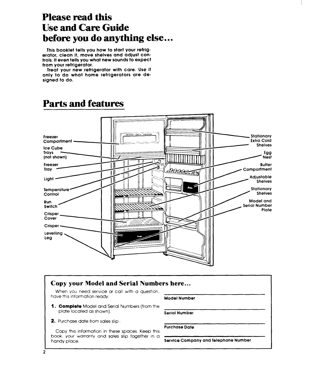 Whirlpool EL11PC manual Before you do anything else, Parts and features, Copy your Model and Serial Numbers here 