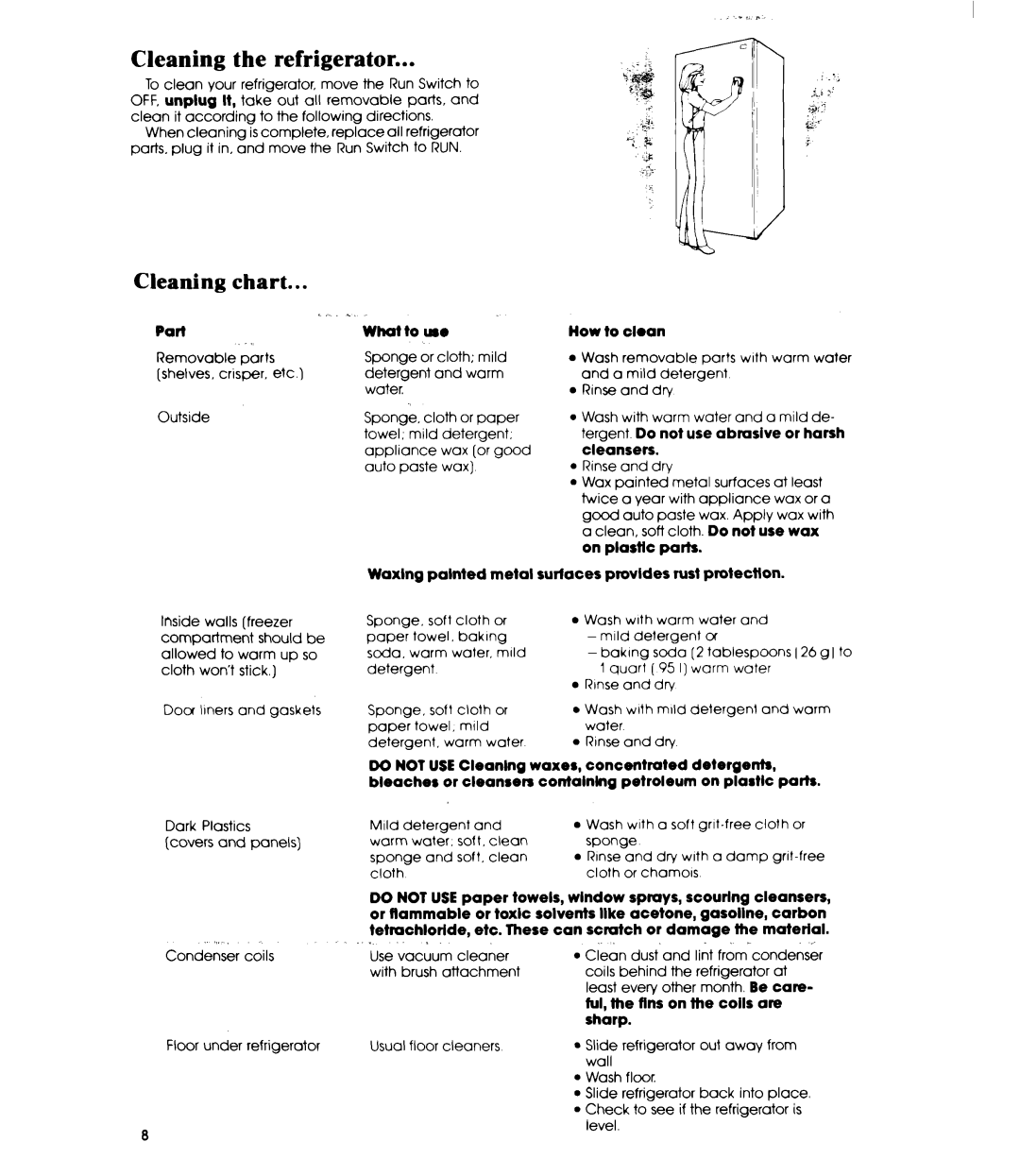 Whirlpool EL11PC manual Cleaning the refrigerator, Cleaning chart 