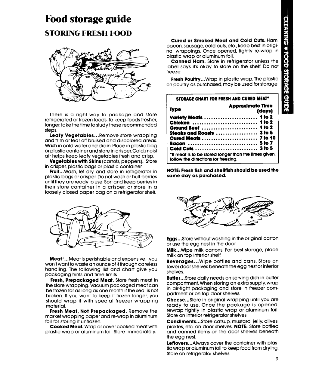 Whirlpool EL13SC, EL11SC manual Food storage guide, Storagechart FDR Freshand Cured Meat 