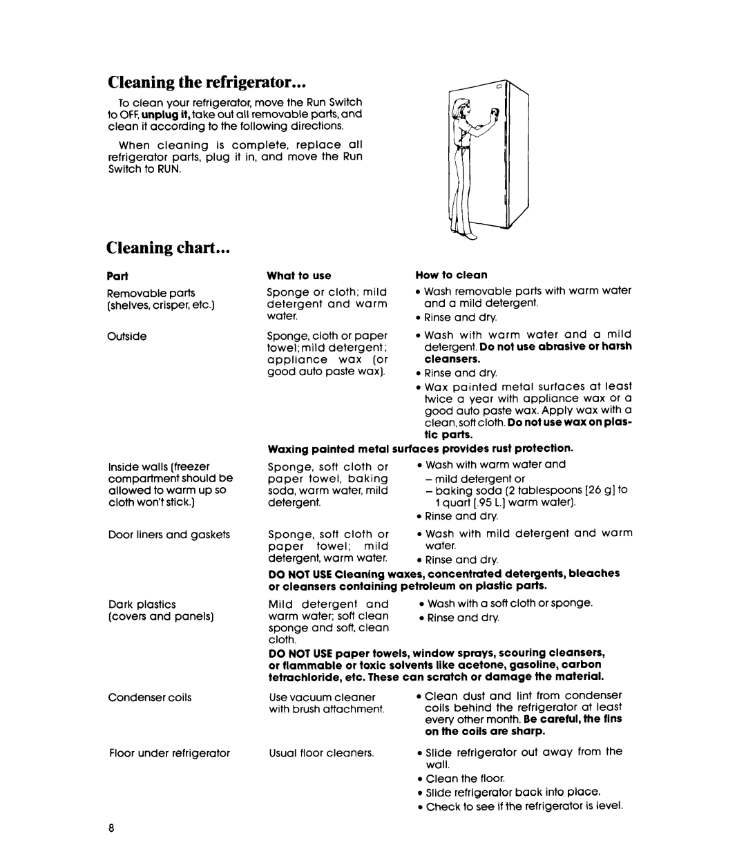Whirlpool EL11SC, EL13SC manual Cleaning the refrigerator, chart 