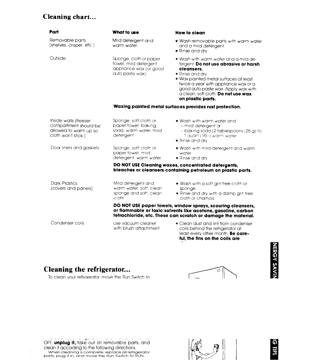 Whirlpool EL13PC manual Cleaning chart 