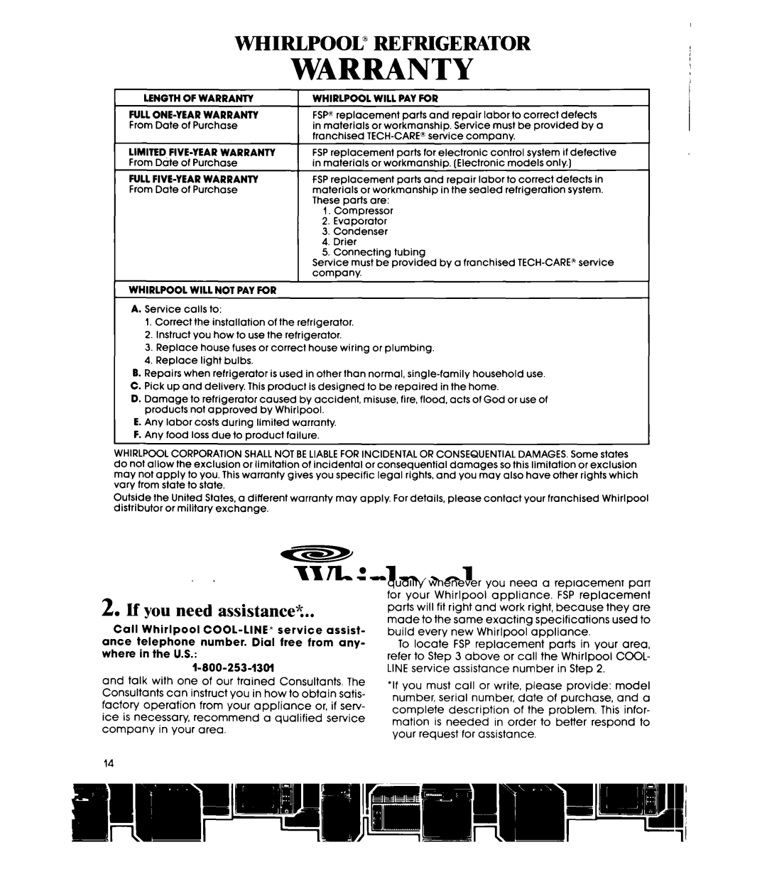 Whirlpool EL15SC manual FULLFIVE-YEAR Warranty, Whirlpool will not PAY for 