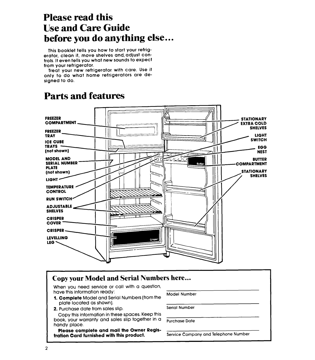 Whirlpool EL15SC manual Copy your Model and Serial Numbers here, Freezer Compartment ICE Cube Temperature Crisper 