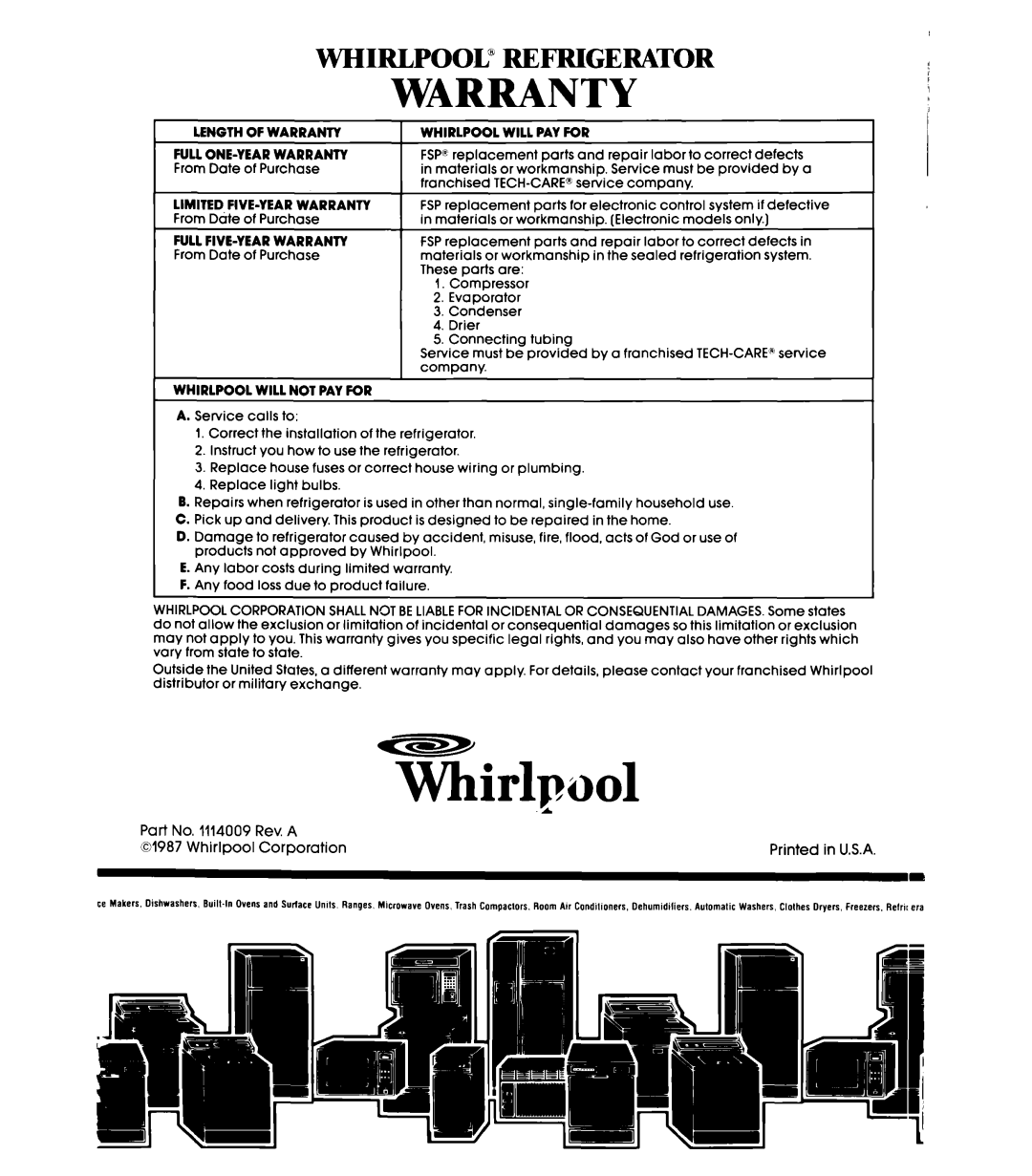 Whirlpool EL15SC manual Whirlpool”, Refrigerator, Warranty 