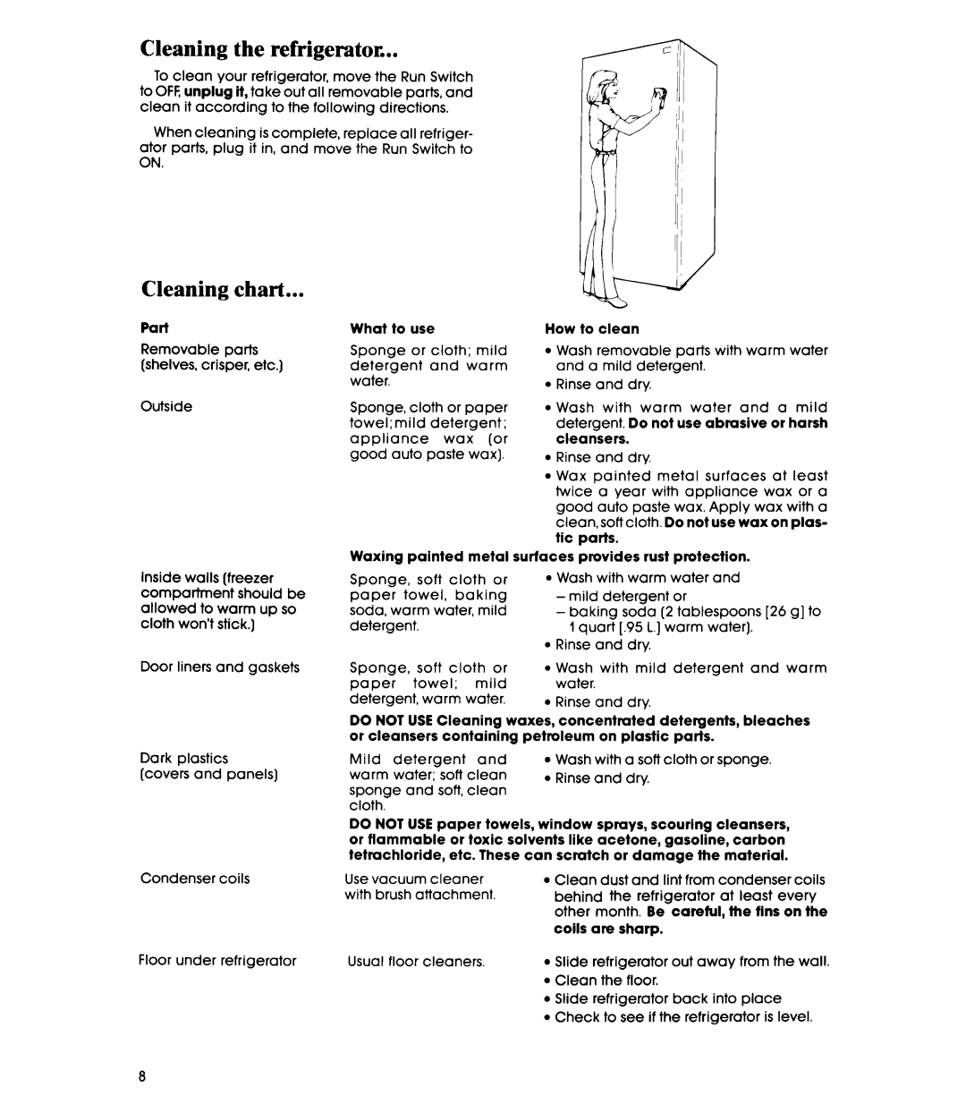 Whirlpool EL15SC manual Cleaning the refrigerator, Cleaning chart 