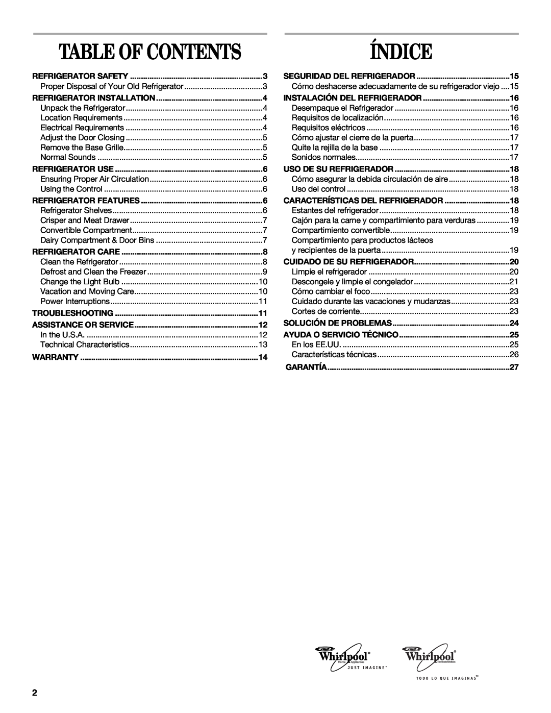Whirlpool EL1WSRXLQ0 manual Índice, Table Of Contents 