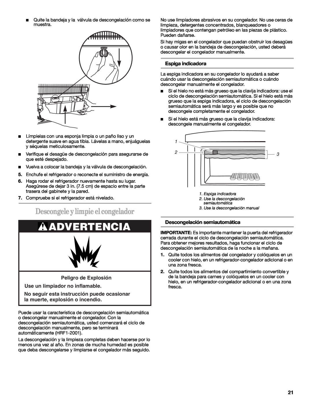 Whirlpool EL1WSRXLQ0 Descongele y limpie el congelador, Advertencia, Peligro de Explosión, Use un limpiador no inflamable 