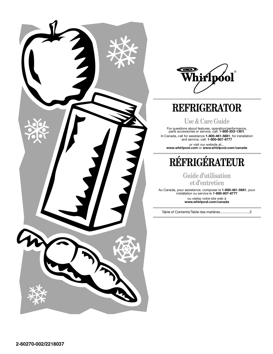 Whirlpool EL7ATRRKB00 manual Refrigerator, Réfrigérateur, Use & Care Guide, Guide d’utilisation Et d’entretien 