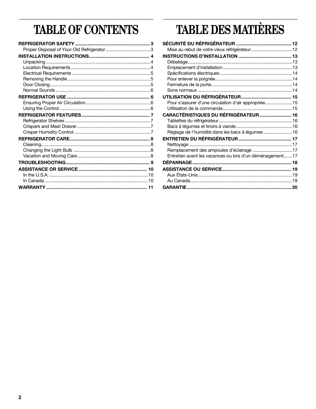 Whirlpool EL7ATRRKB00 manual Table of Contents 