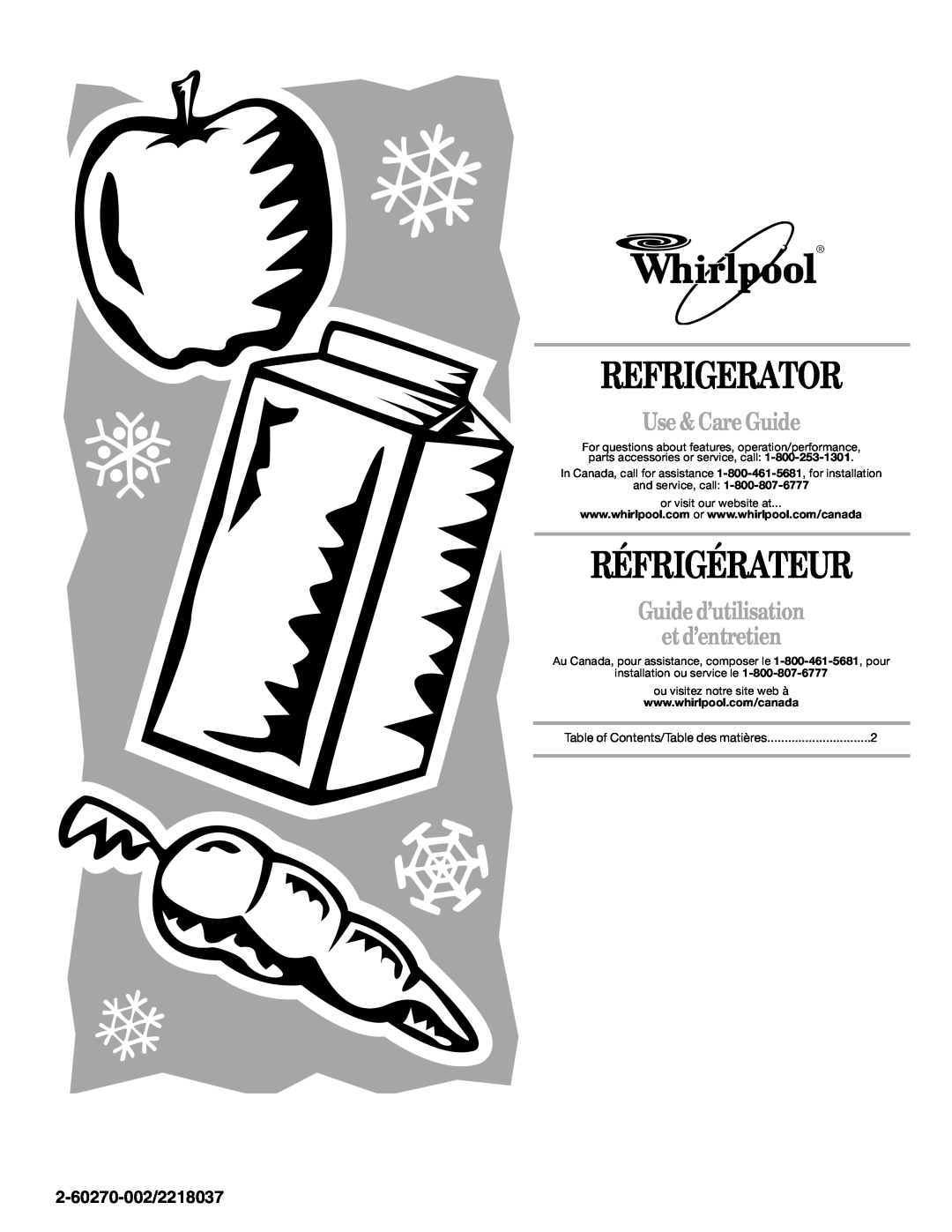 Whirlpool EL7ATRRKB00 manual Refrigerator, Réfrigérateur, Use & Care Guide, Guide d’utilisation et d’entretien 