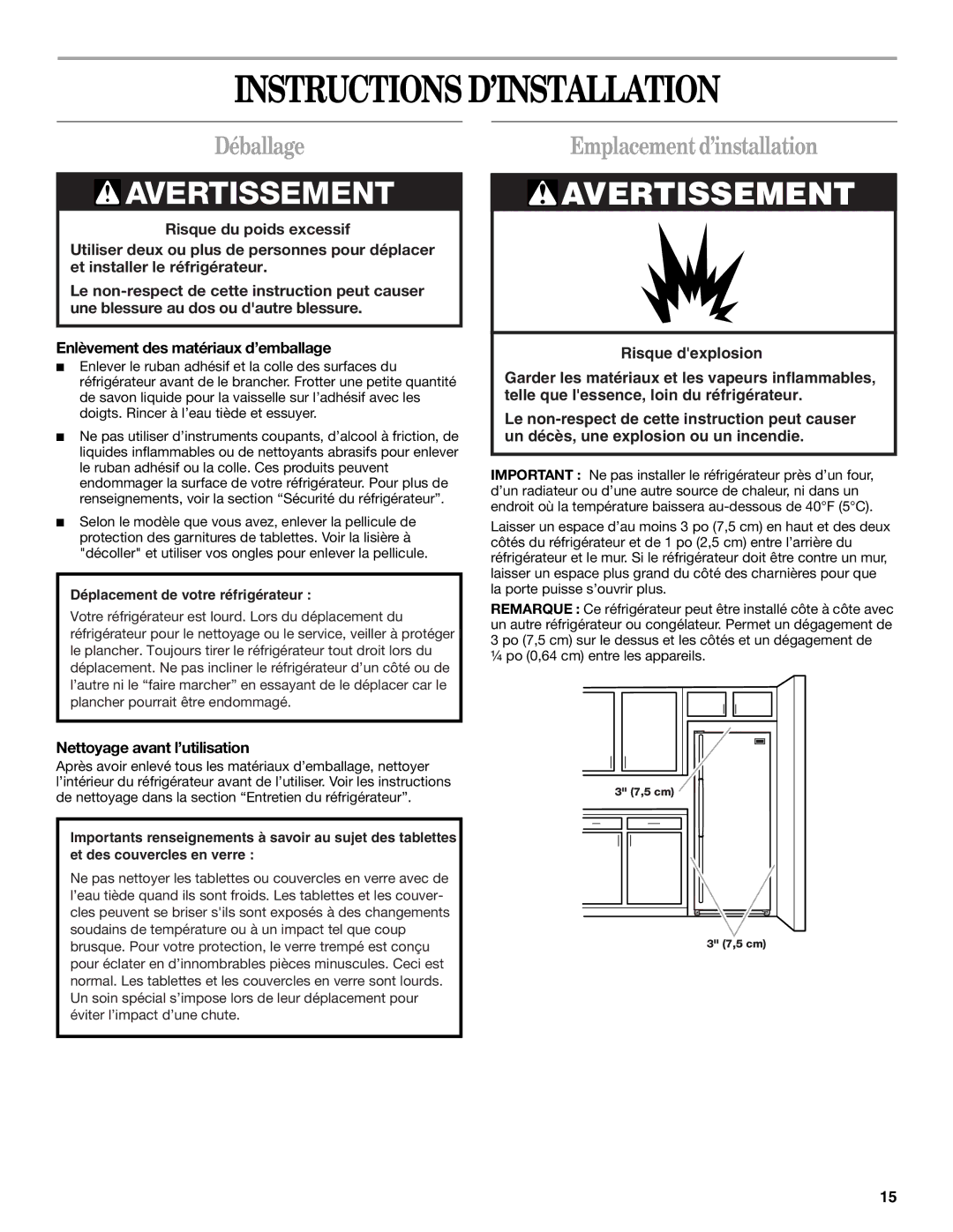 Whirlpool EL7ATRRMQ00 Instructions D’INSTALLATION, Déballage, Emplacement d’installation, Nettoyage avant l’utilisation 