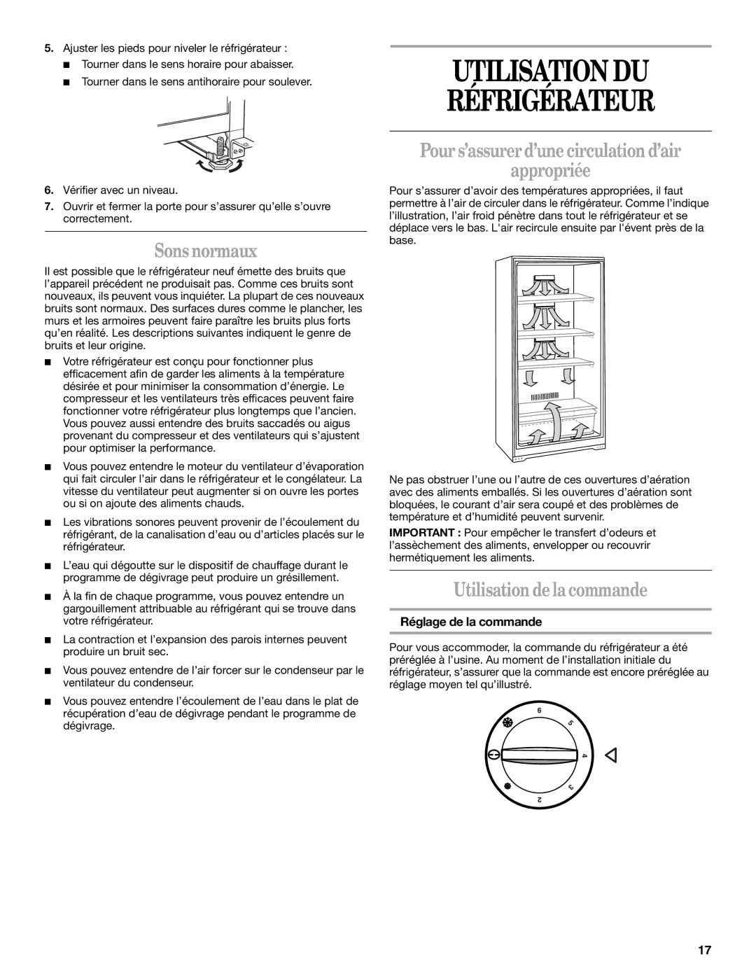 Whirlpool EL7ATRRMQ00 manual Utilisation DU Réfrigérateur, Sons normaux, Pour s’assurer d’une circulation d’air Appropriée 