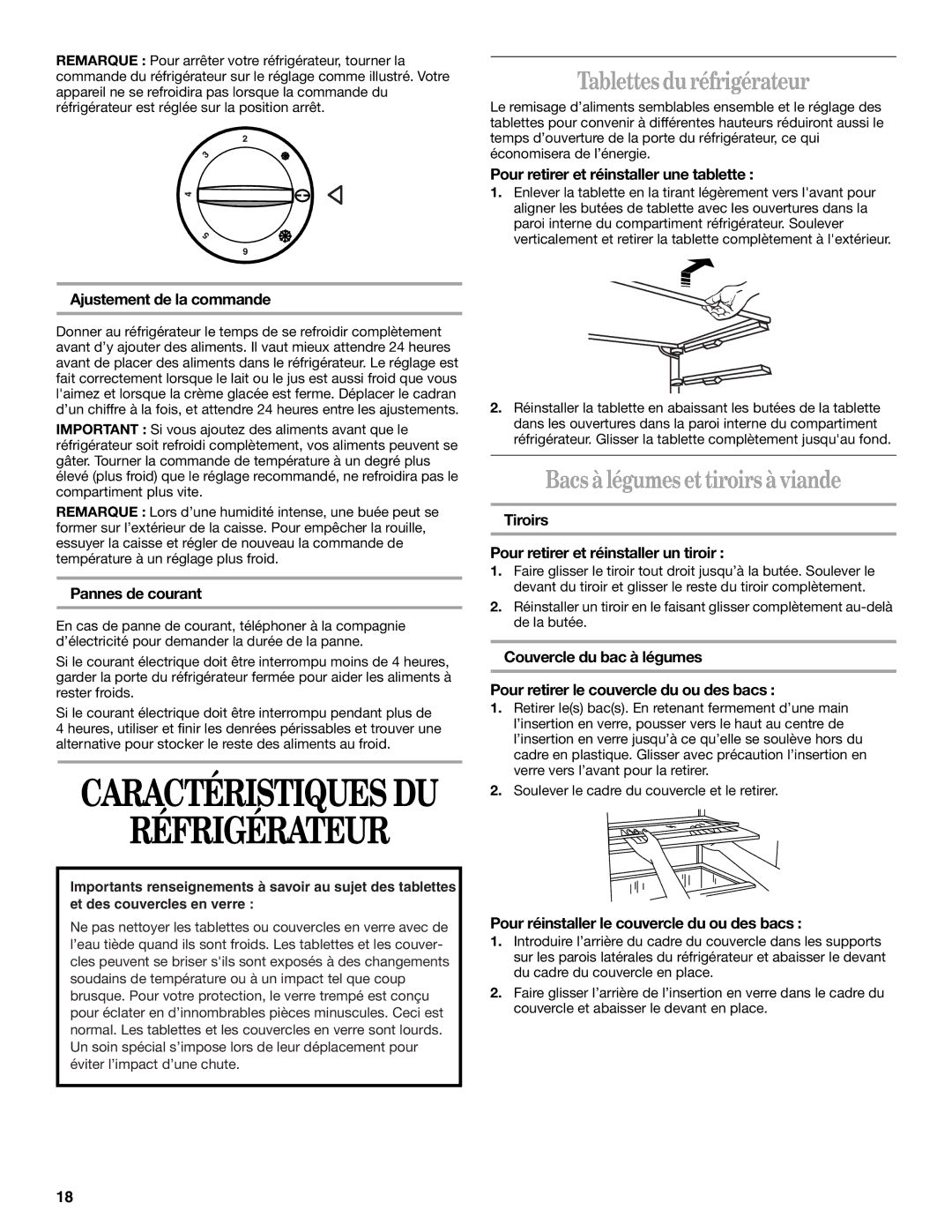 Whirlpool EL7ATRRMQ00 manual Tablettes du réfrigérateur, Bacs à légumes et tiroirs à viande 