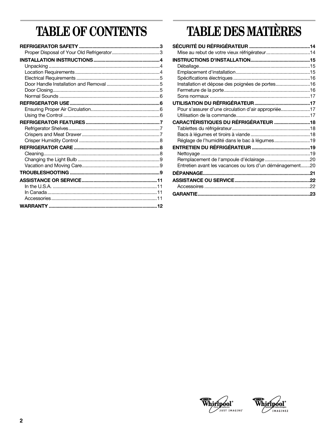 Whirlpool EL7ATRRMQ00 manual Table of Contents Table DES Matières 