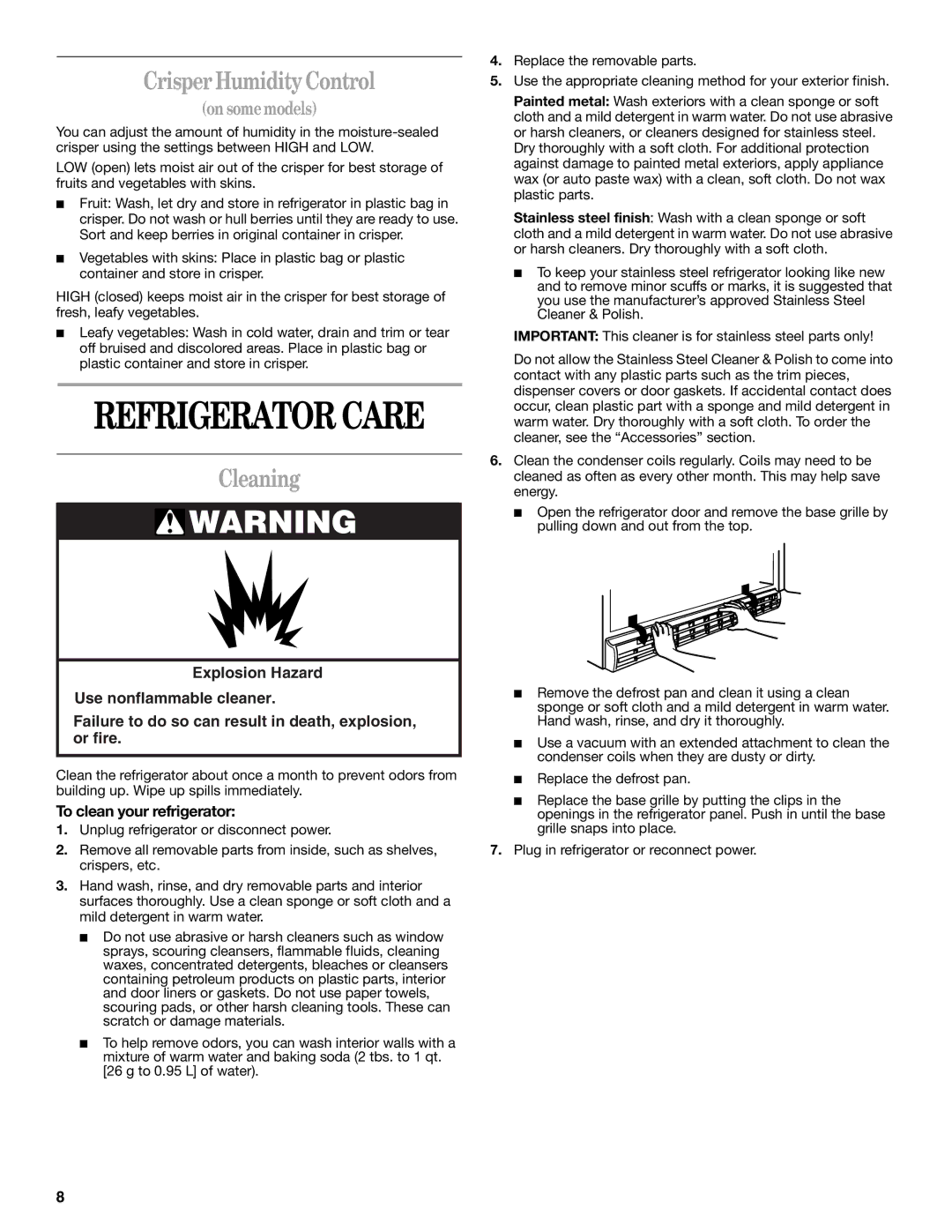 Whirlpool EL7ATRRMQ00 manual Crisper Humidity Control, Cleaning, On some models, To clean your refrigerator 