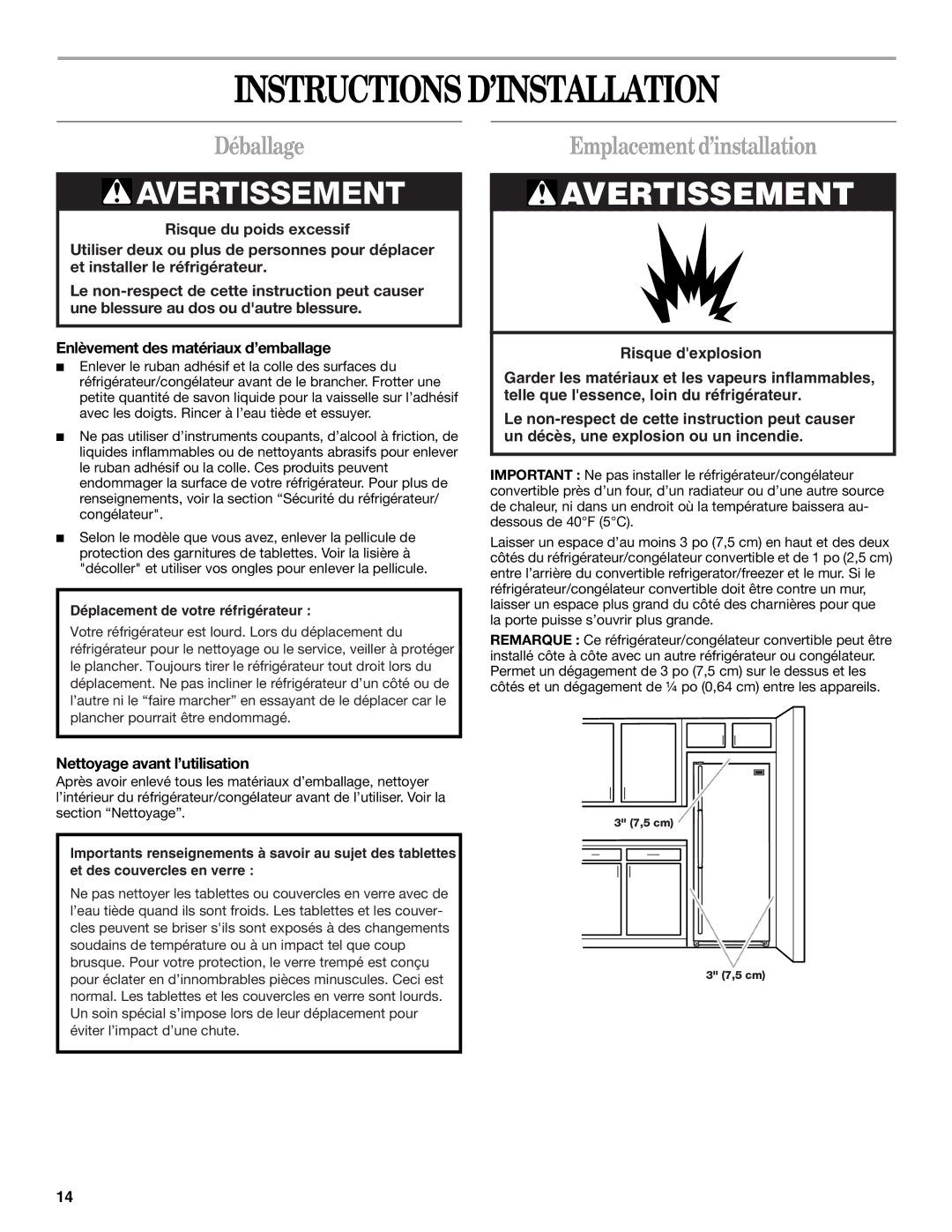 Whirlpool EL7JWKLMQ00 Instructions D’INSTALLATION, Déballage, Emplacement d’installation, Nettoyage avant l’utilisation 