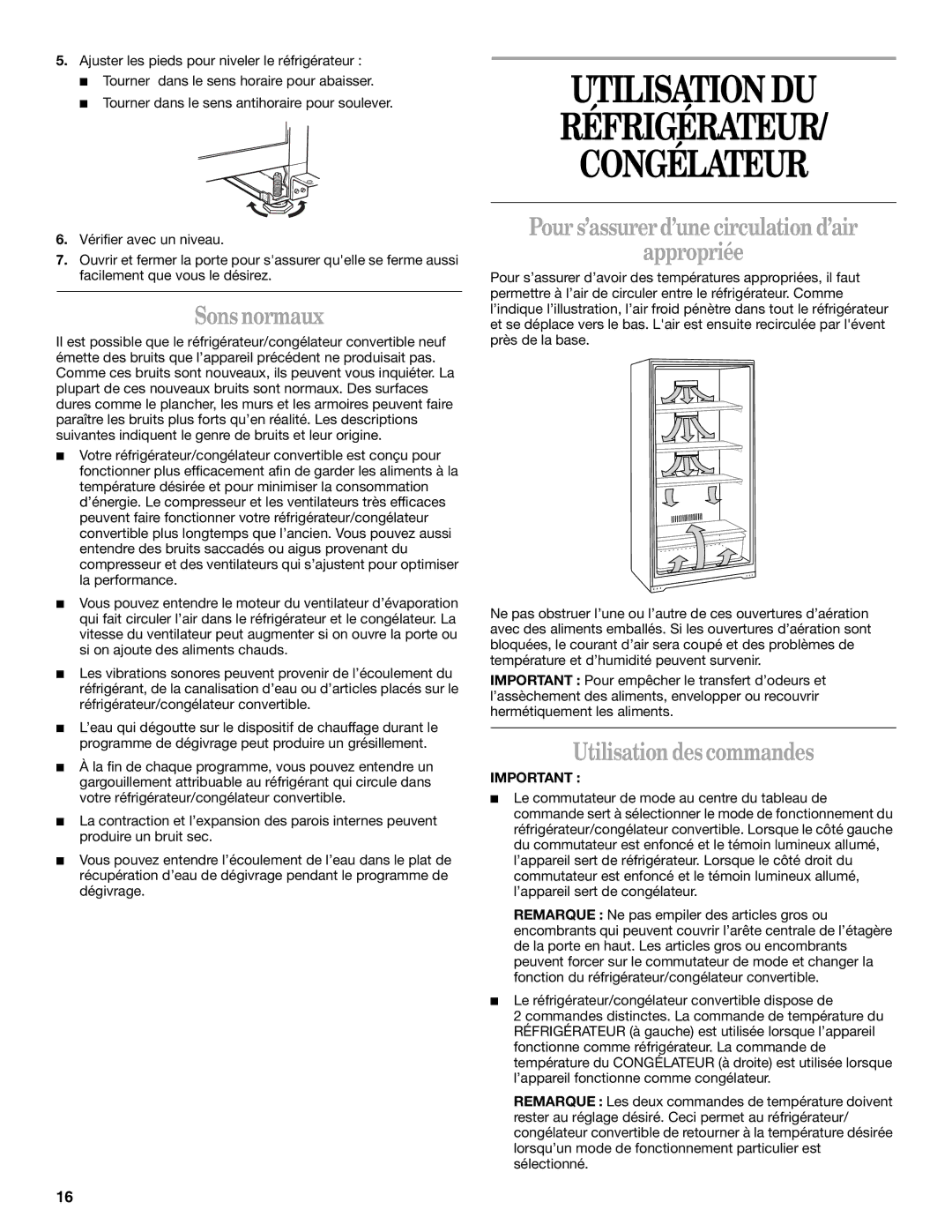 Whirlpool EL7JWKLMQ00 manual Sons normaux, Pour s’assurer d’une circulation d’air Appropriée, Utilisation des commandes 