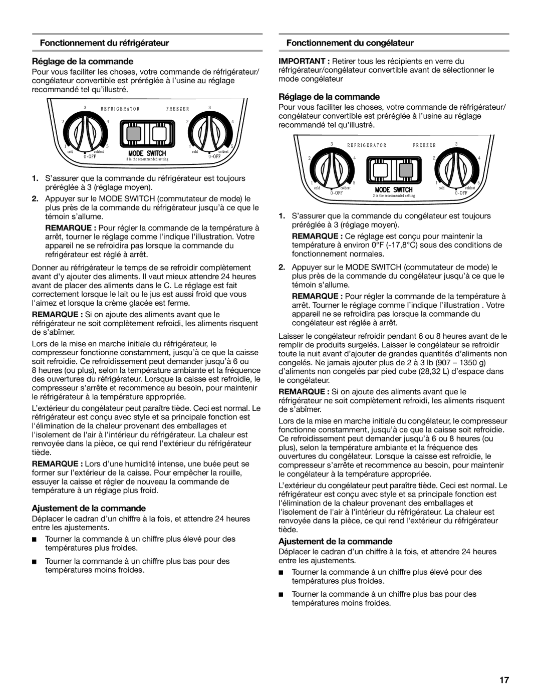 Whirlpool EL7JWKLMQ00 manual Fonctionnement du réfrigérateur Réglage de la commande, Ajustement de la commande 