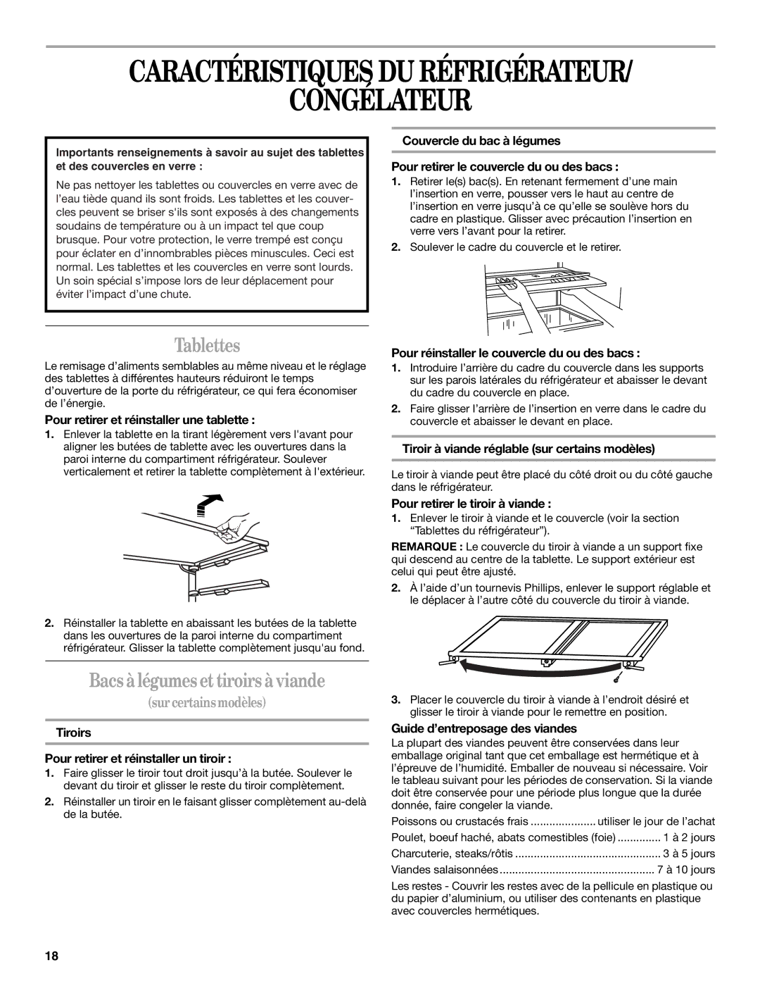 Whirlpool EL7JWKLMQ00 manual Caractéristiques DU Réfrigérateur Congélateur, Tablettes, Bacs àlégumes et tiroirs àviande 