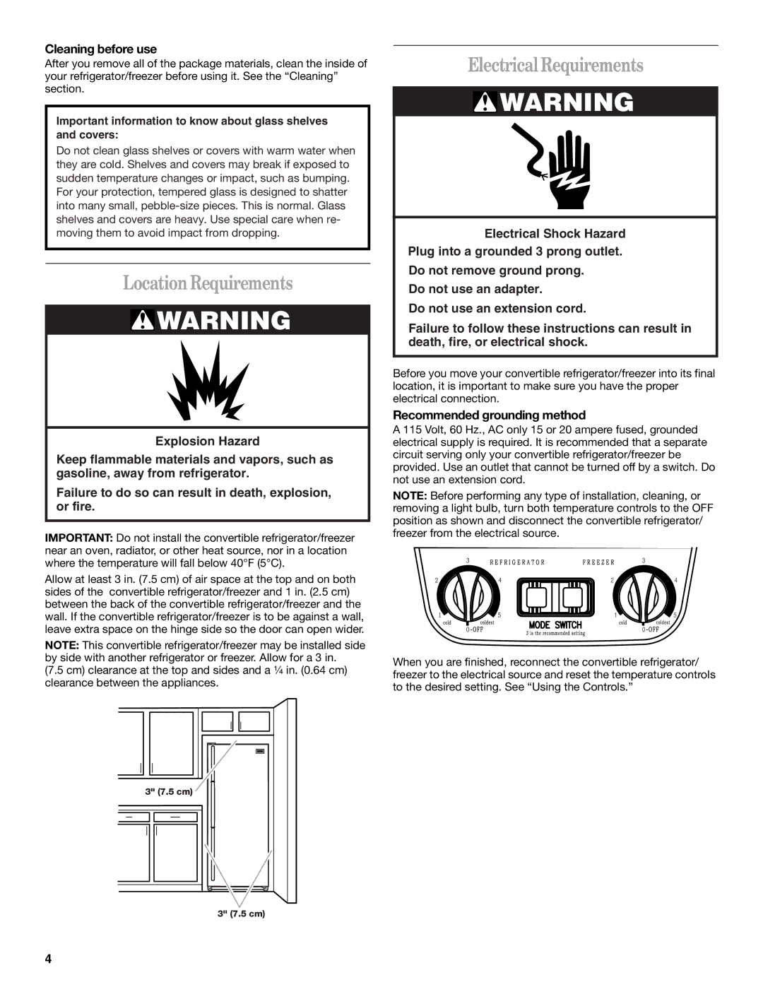 Whirlpool EL7JWKLMQ00 Location Requirements, Electrical Requirements, Cleaning before use, Recommended grounding method 