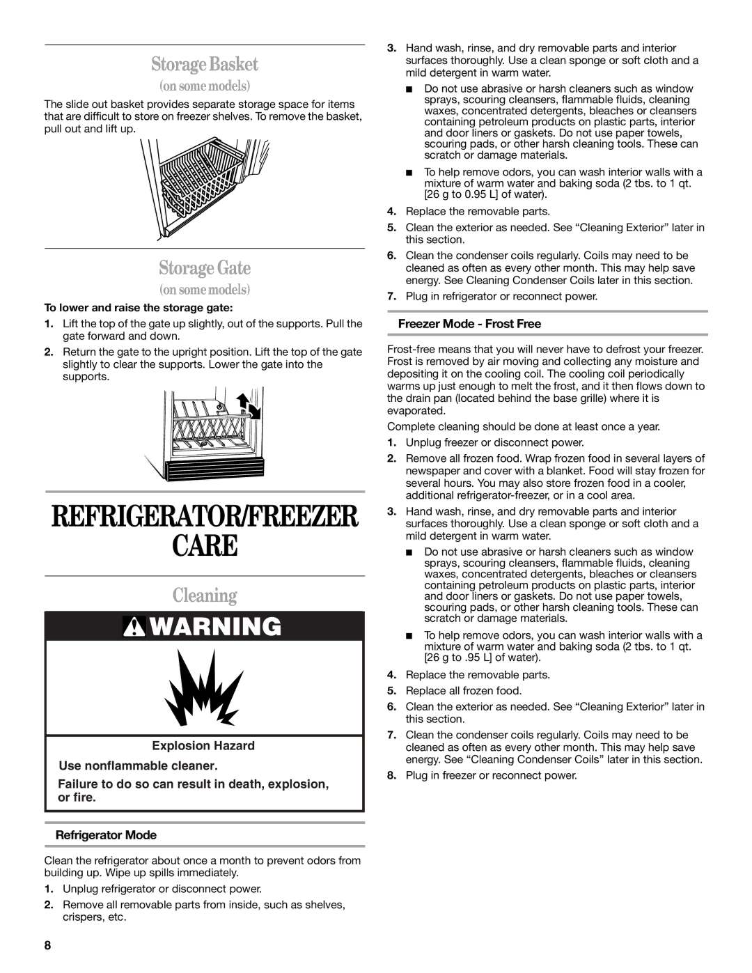 Whirlpool EL7JWKLMQ00 manual Care, Storage Basket, Storage Gate, Cleaning, Freezer Mode Frost Free 