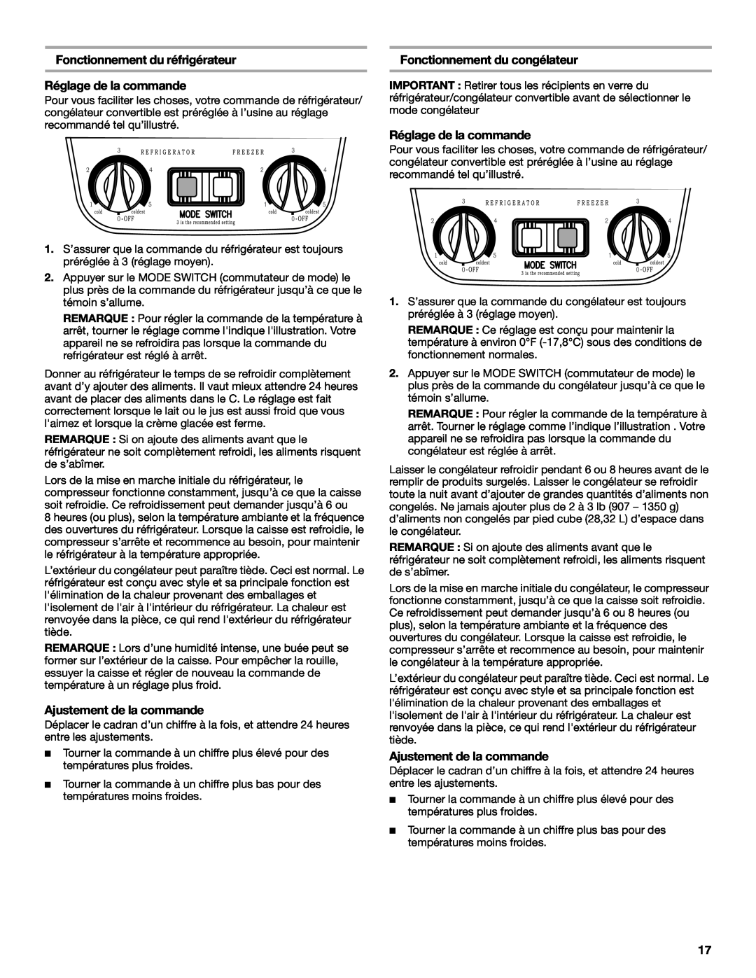Whirlpool EL7JWKLMQ00 manual Fonctionnement du réfrigérateur Réglage de la commande, Ajustement de la commande 