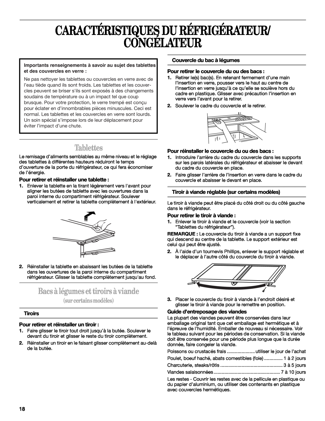 Whirlpool EL7JWKLMQ00 manual Caractéristiques Du Réfrigérateur Congélateur, Tablettes, Bacs àlégumes et tiroirs àviande 