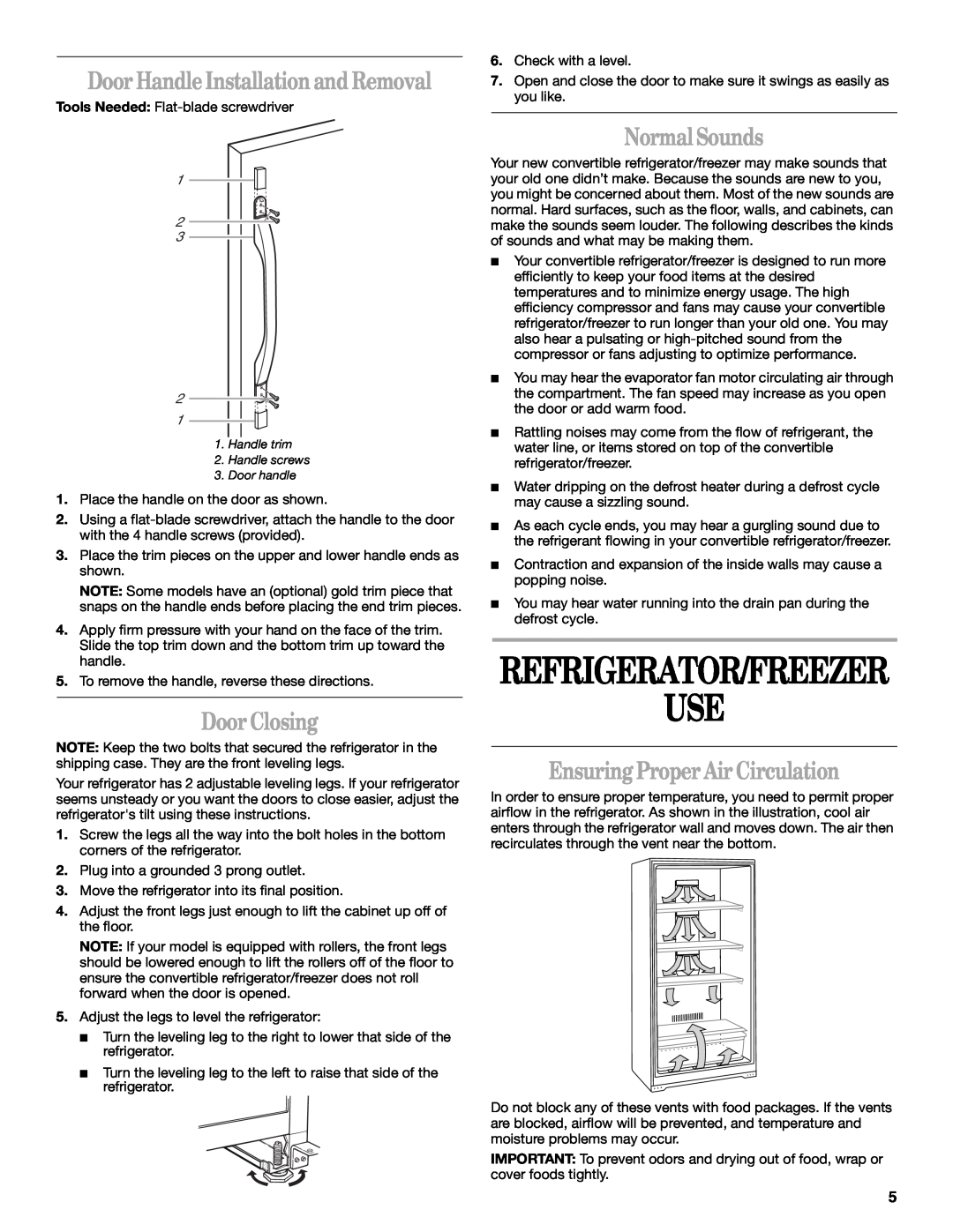 Whirlpool EL7JWKLMQ00 manual Refrigerator/Freezer, Door Handle Installation and Removal, Door Closing, Normal Sounds 