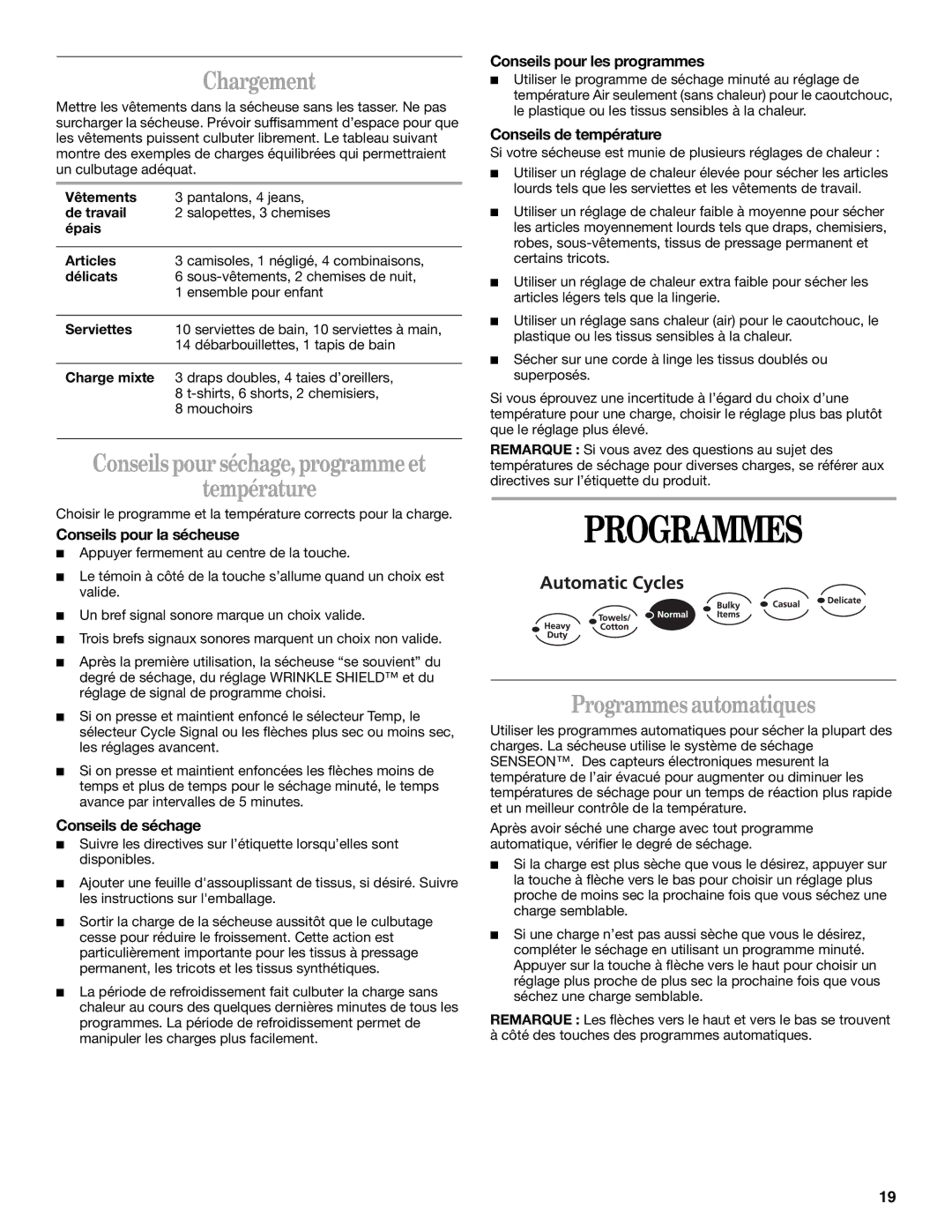 Whirlpool ELECTRIC AND GAS DRYER manual Programmes, Chargement, Conseils pour séchage, programme et Température 