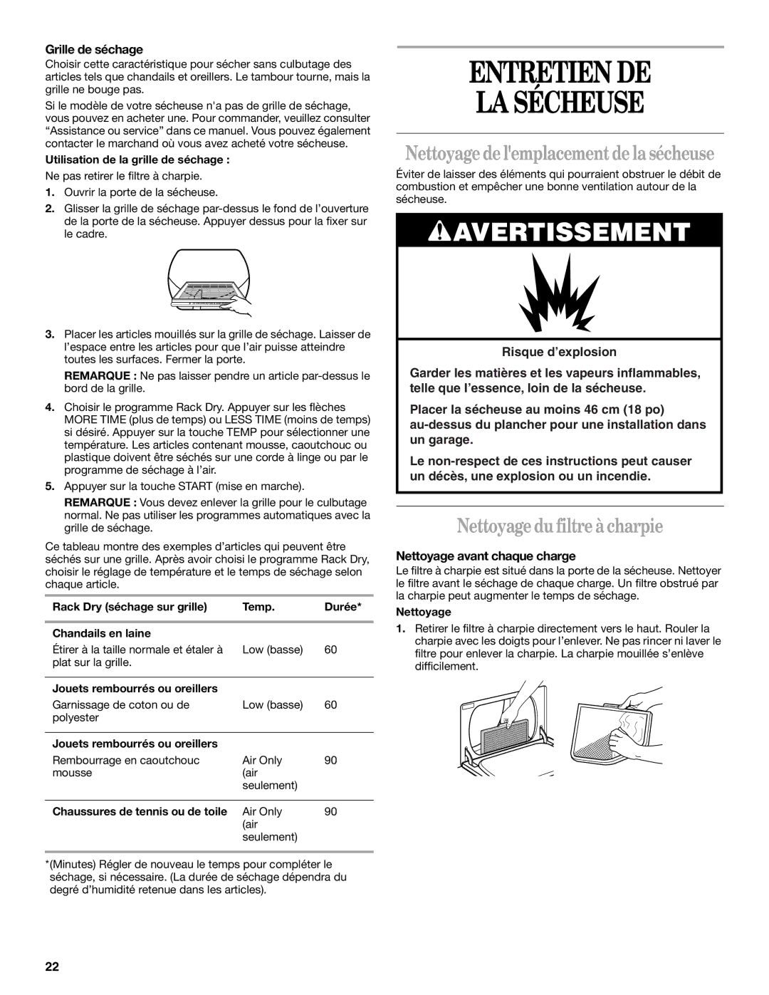 Whirlpool ELECTRIC AND GAS DRYER Entretien DE LA Sécheuse, Nettoyage de lemplacement de la sécheuse, Grille de séchage 
