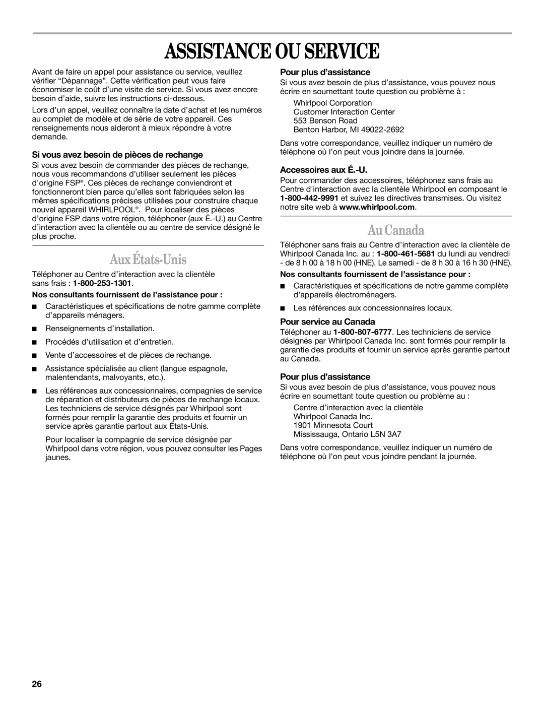 Whirlpool ELECTRIC AND GAS DRYER manual Assistance OU Service, Aux États-Unis, Au Canada 