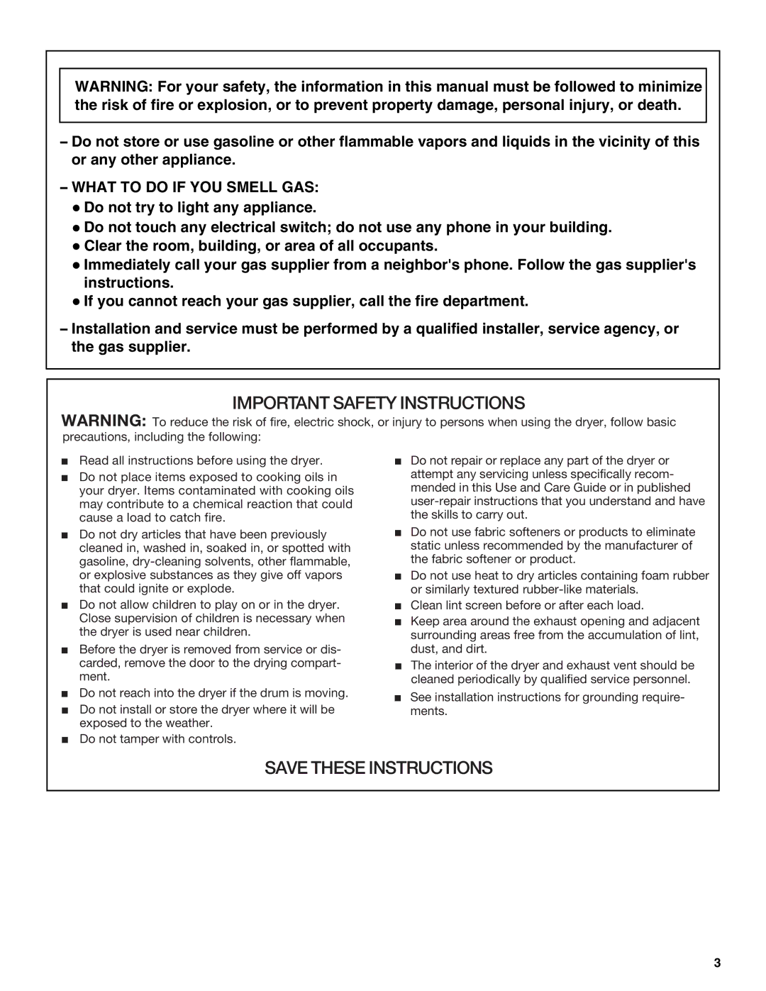 Whirlpool ELECTRIC AND GAS DRYER manual Important Safety Instructions 