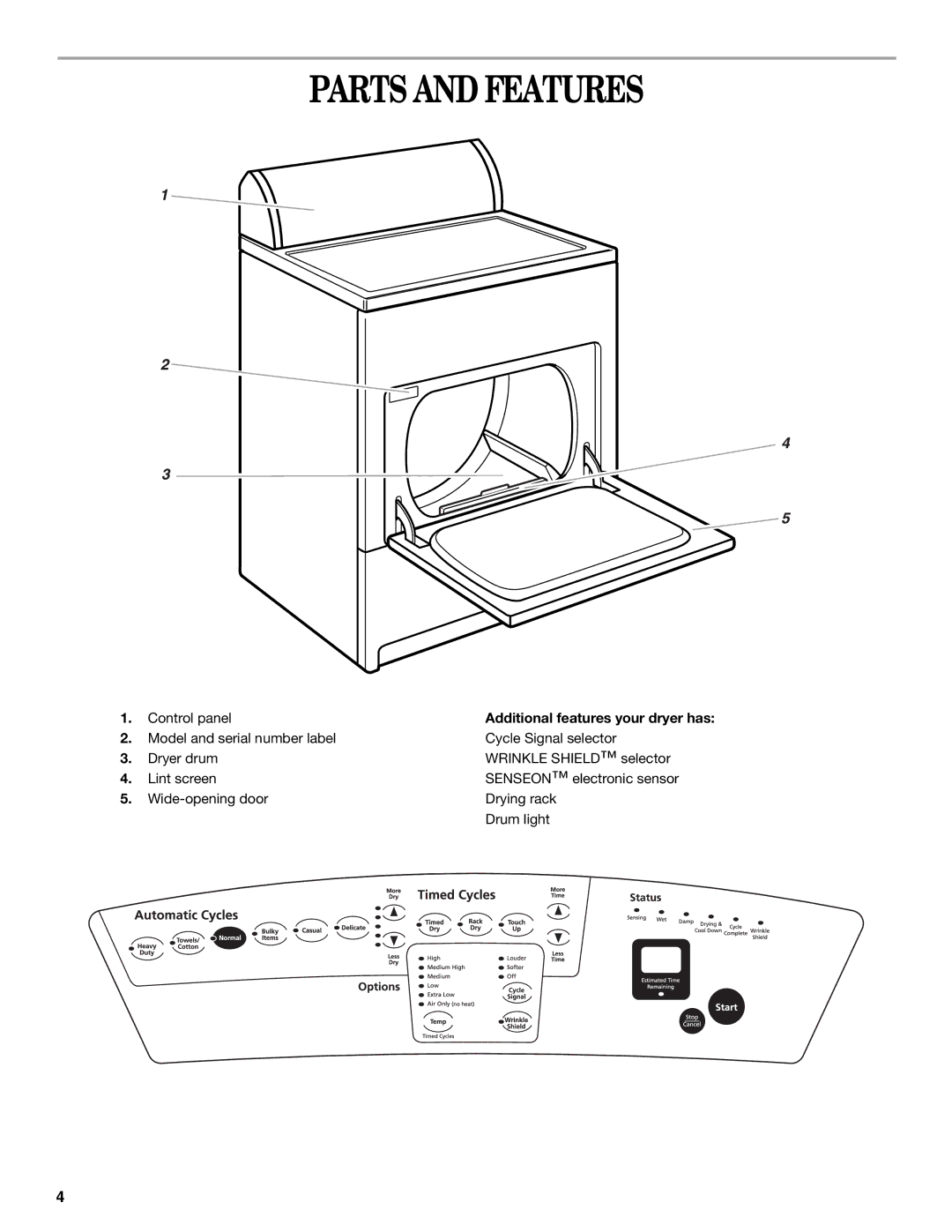 Whirlpool ELECTRIC AND GAS DRYER manual Parts and Features, Additional features your dryer has 