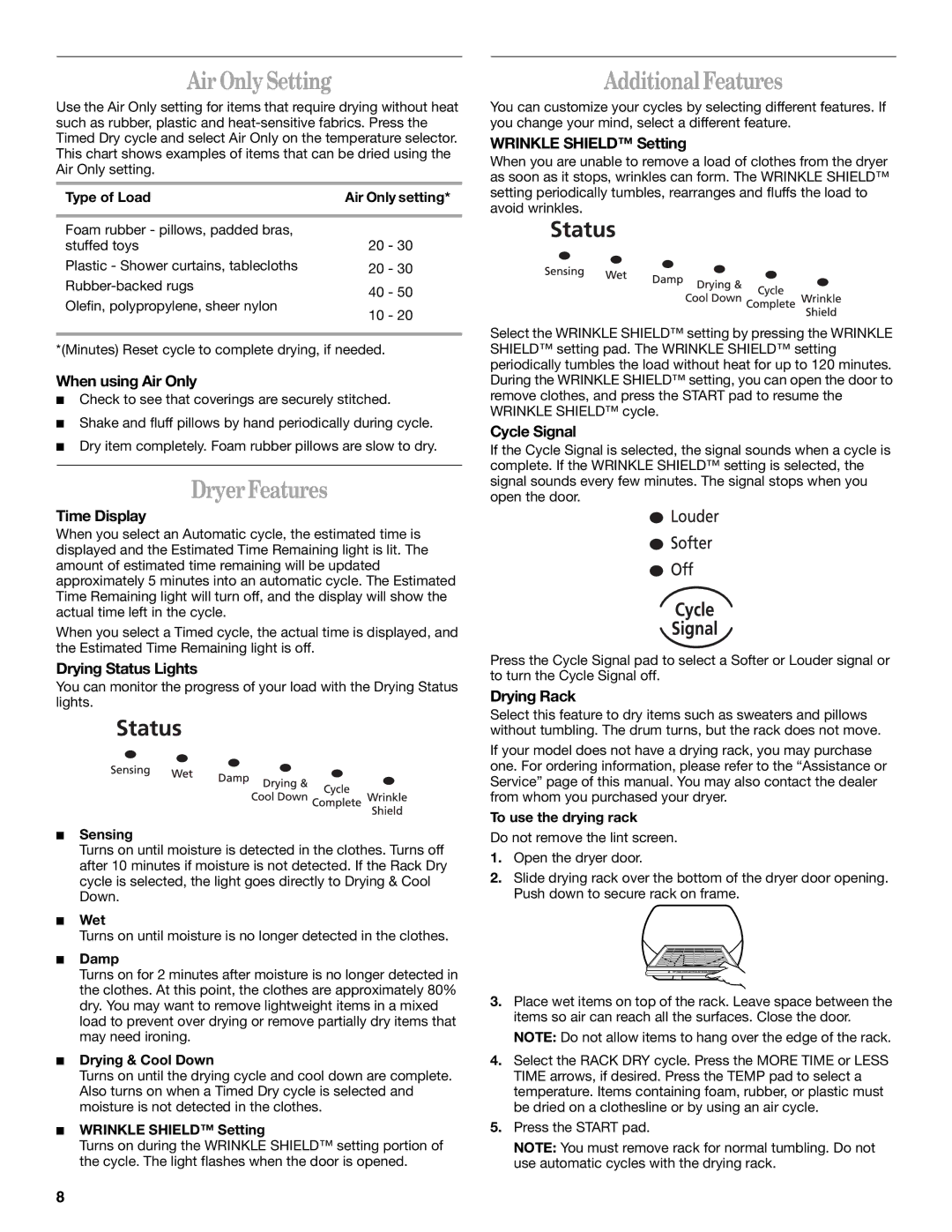 Whirlpool ELECTRIC AND GAS DRYER manual Air Only Setting, Dryer Features, Additional Features 