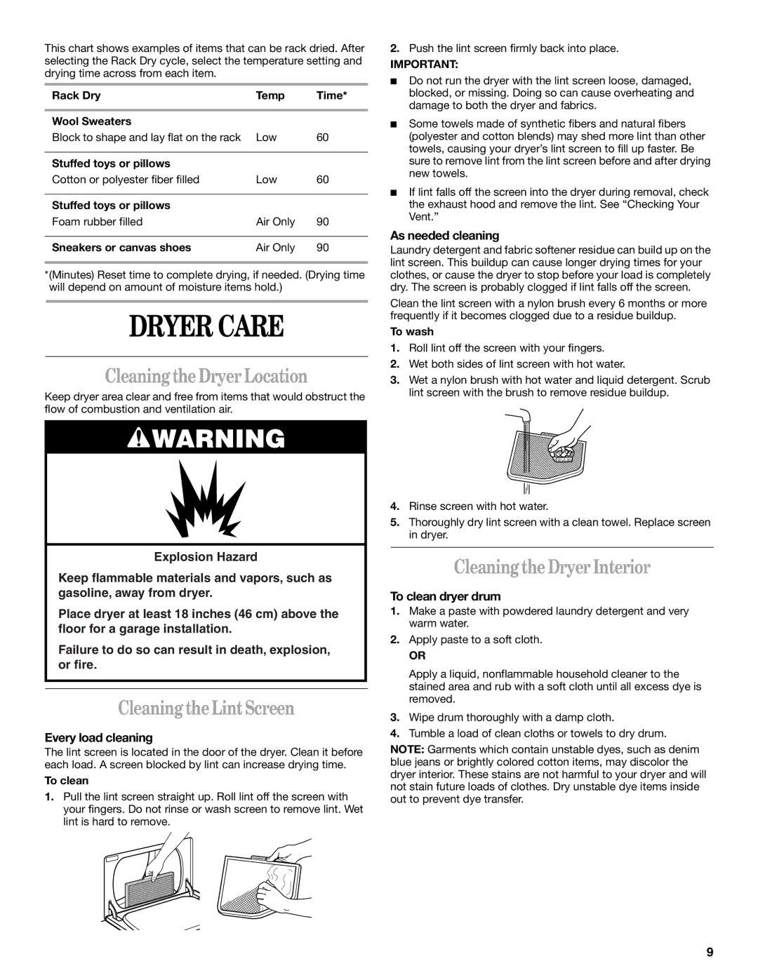 Whirlpool ELECTRIC AND GAS DRYER manual Dryer Care, Cleaning the Dryer Location, Cleaning the Lint Screen 