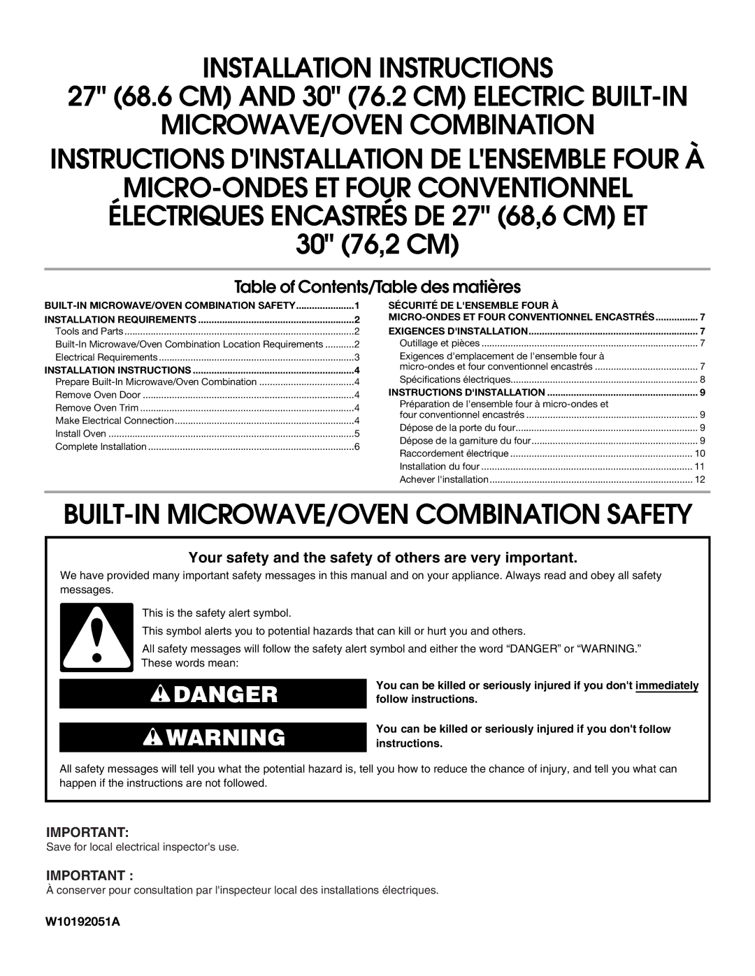 Whirlpool Electric Built-In Microwave/Oven installation instructions MICROWAVE/OVEN Combination 