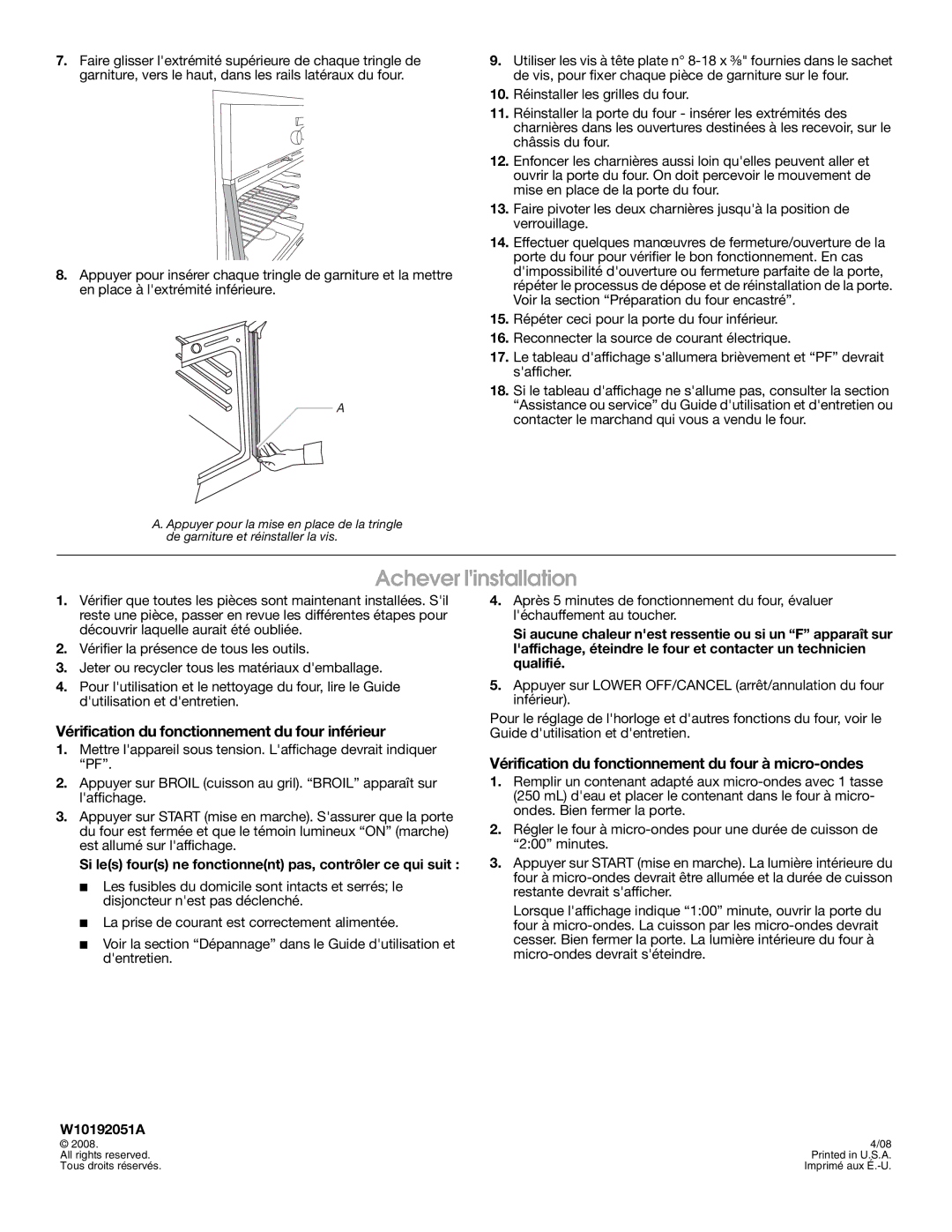 Whirlpool Electric Built-In Microwave/Oven Achever linstallation, Vérification du fonctionnement du four inférieur 