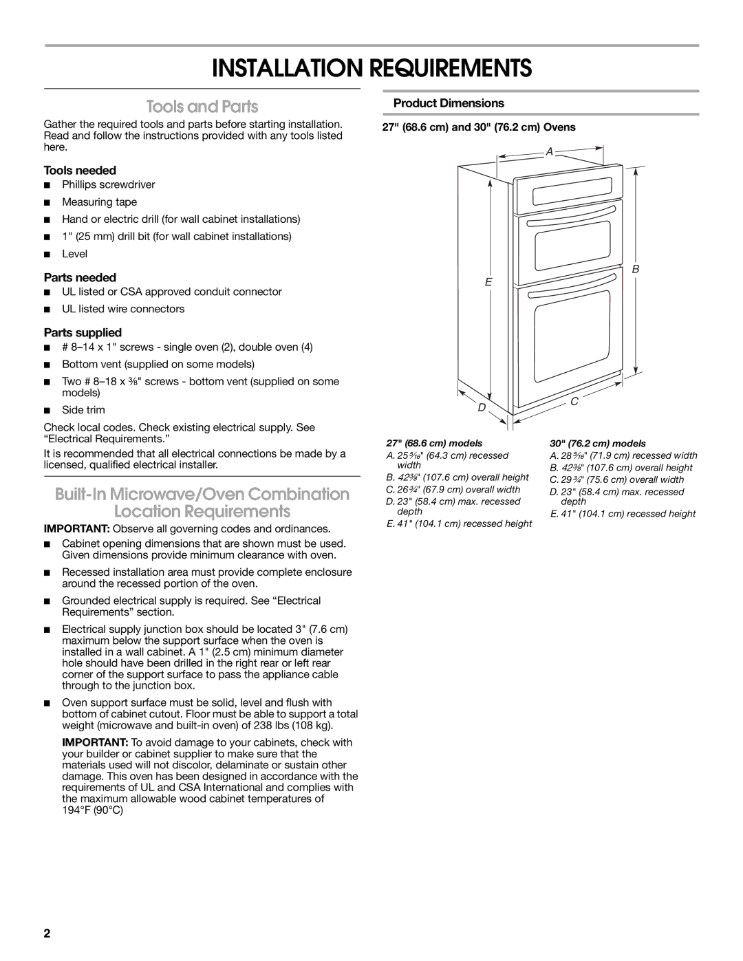 Whirlpool Electric Built-In Microwave/Oven installation instructions Installation Requirements, Tools and Parts 