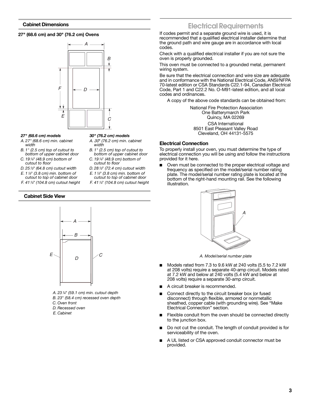 Whirlpool Electric Built-In Microwave/Oven Electrical Requirements, Cabinet Dimensions, Electrical Connection 