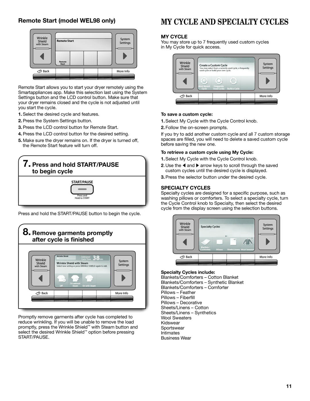 Whirlpool Electronic Dryer manual MY Cycle and Specialty Cycles, Remote Start model WEL98 only 