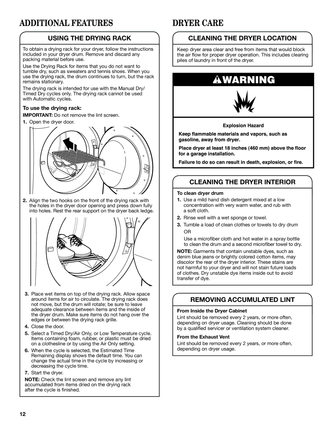 Whirlpool Electronic Dryer manual Additional Features, Dryer Care, To use the drying rack 