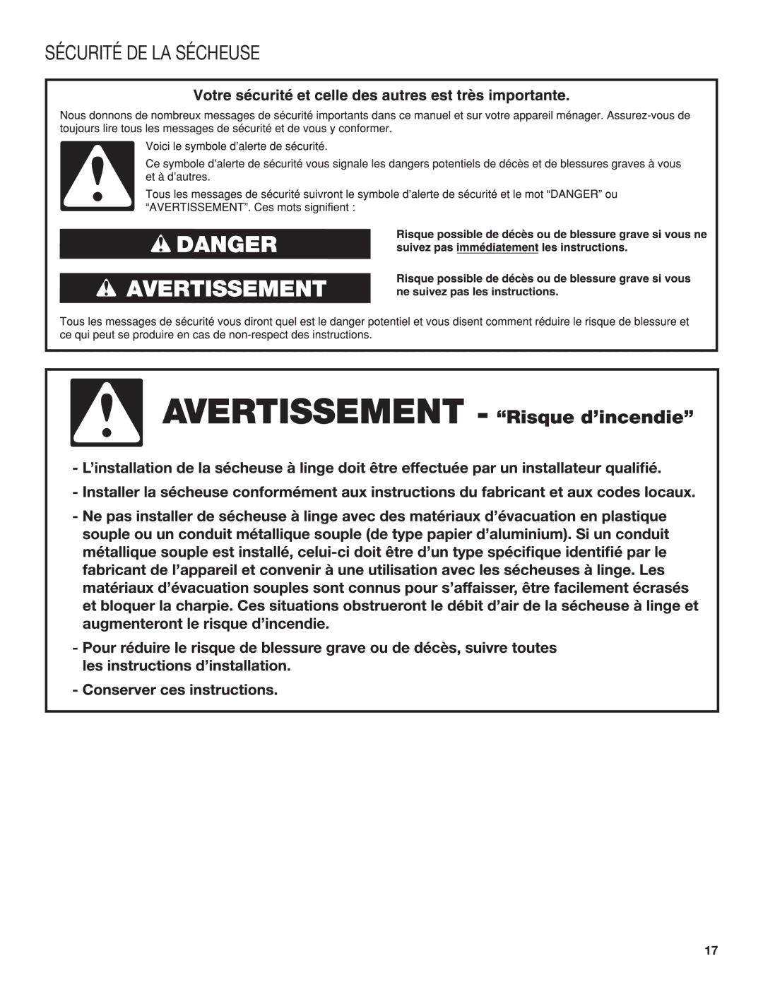 Whirlpool Electronic Dryer manual Sécurité DE LA Sécheuse 