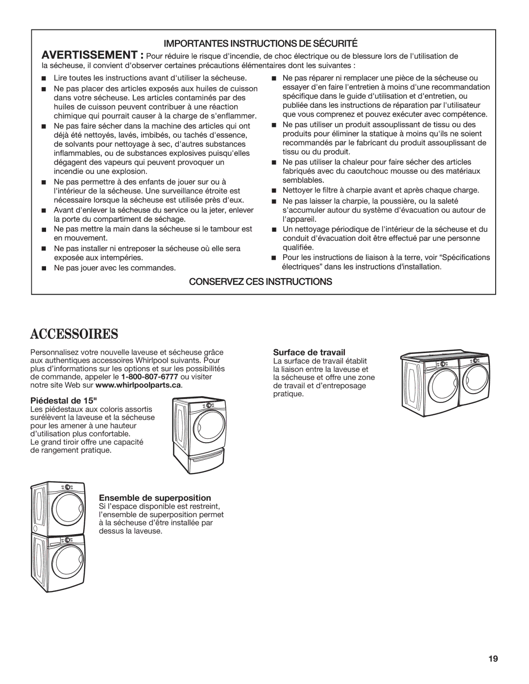 Whirlpool Electronic Dryer manual Accessoires, Piédestal de, Ensemble de superposition, Surface de travail 