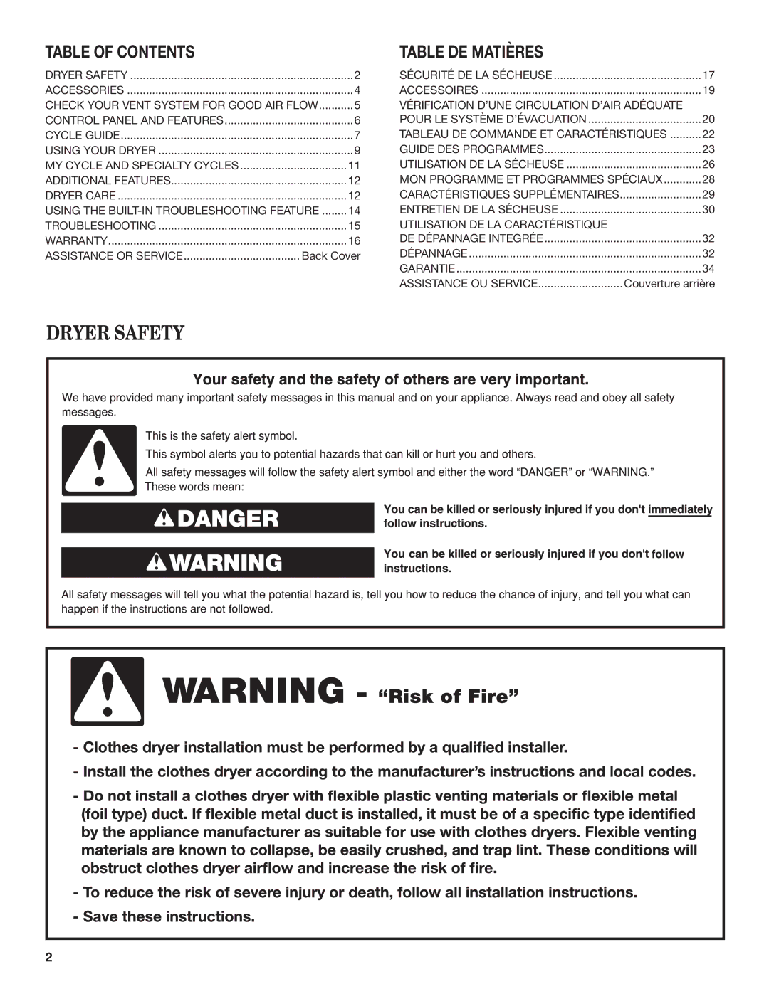 Whirlpool Electronic Dryer manual Dryer Safety, Table of Contents 